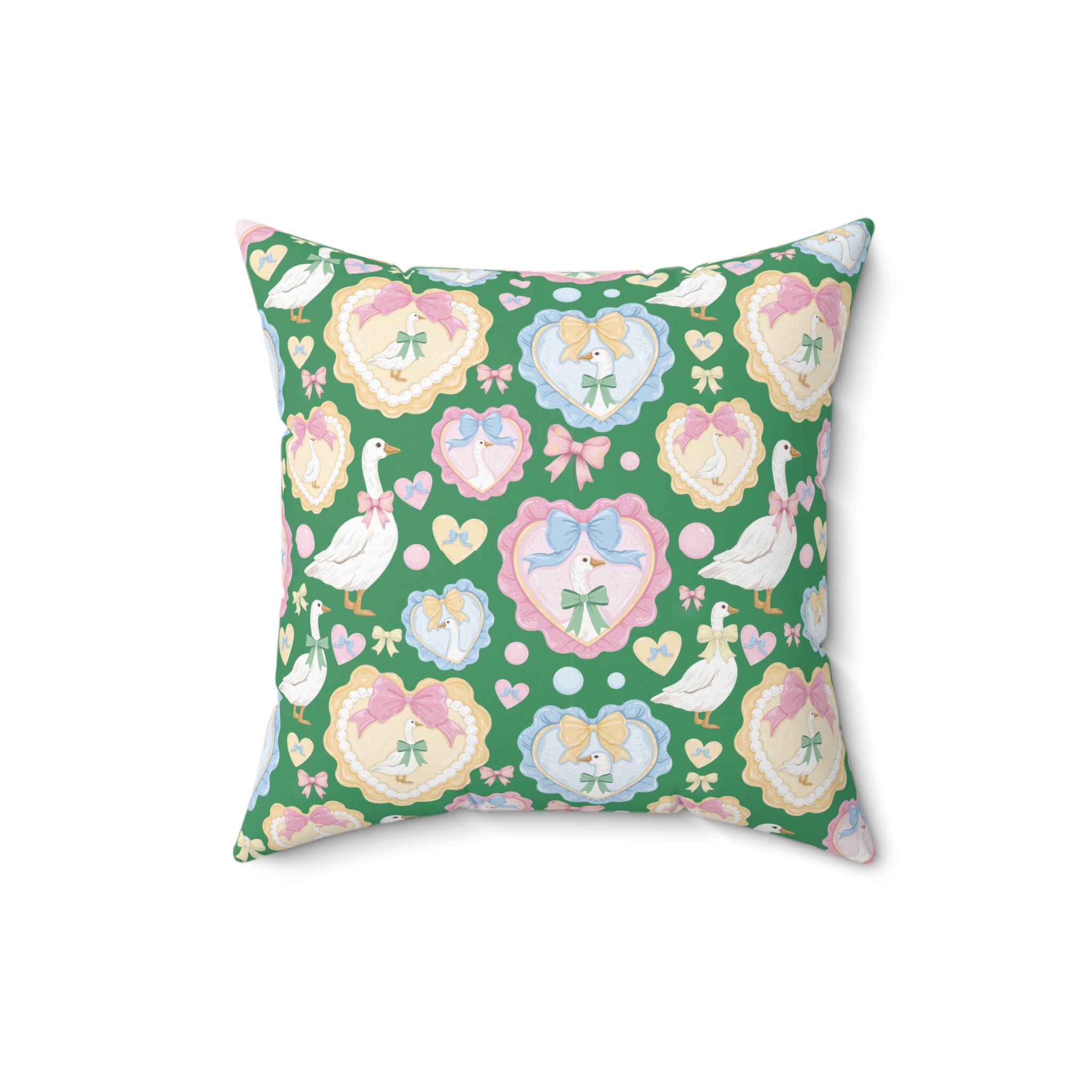 Whimsical Silly Goose Green Pillow with Pastel Bows & Hearts – Bedroom & Living Room Decor