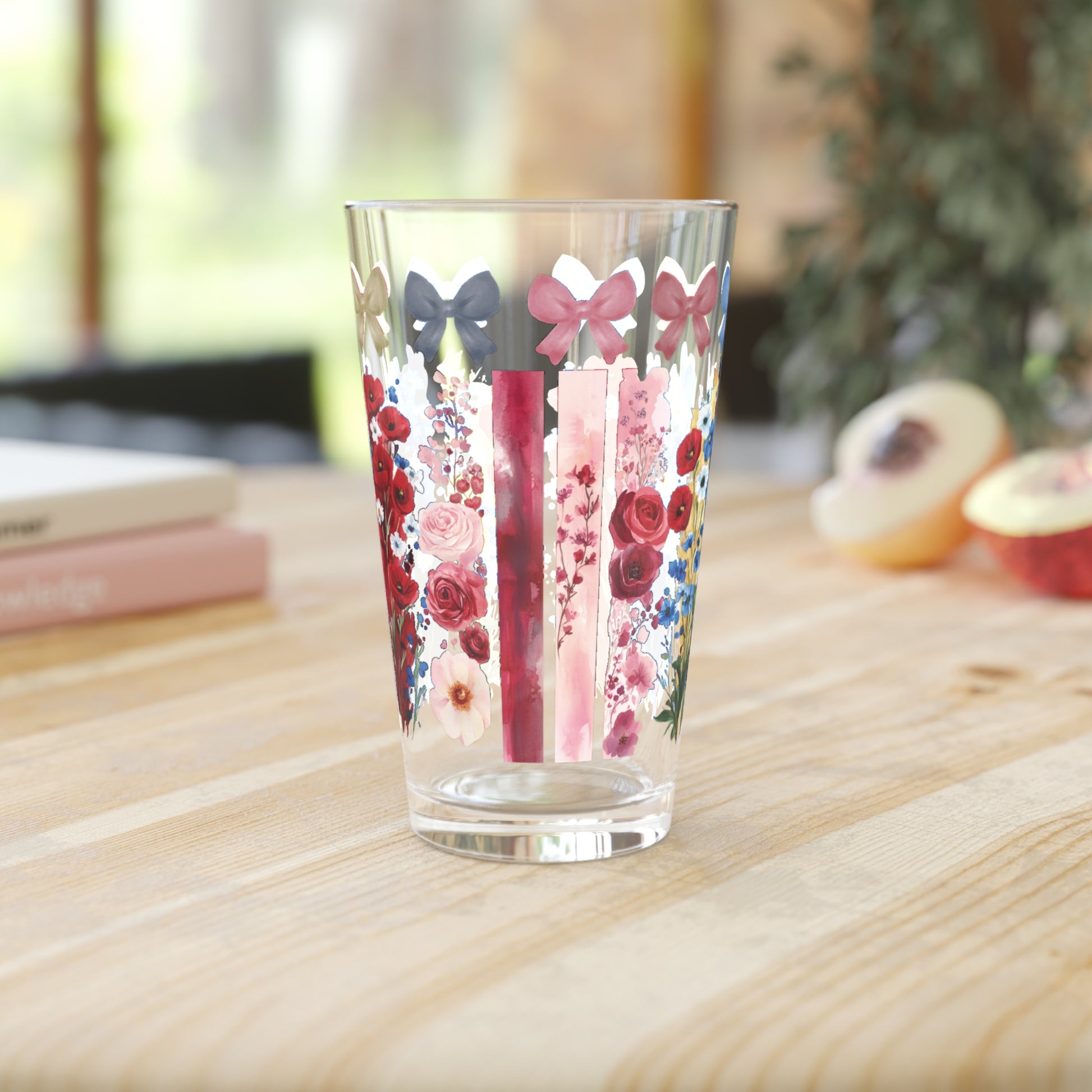 Coquette 16oz Pint Glass Pink Blue Bows, Brushstroke Floral Illusion, Aesthetic Drinkware, Feminine Cottagecore Gift for Her Home Decor
