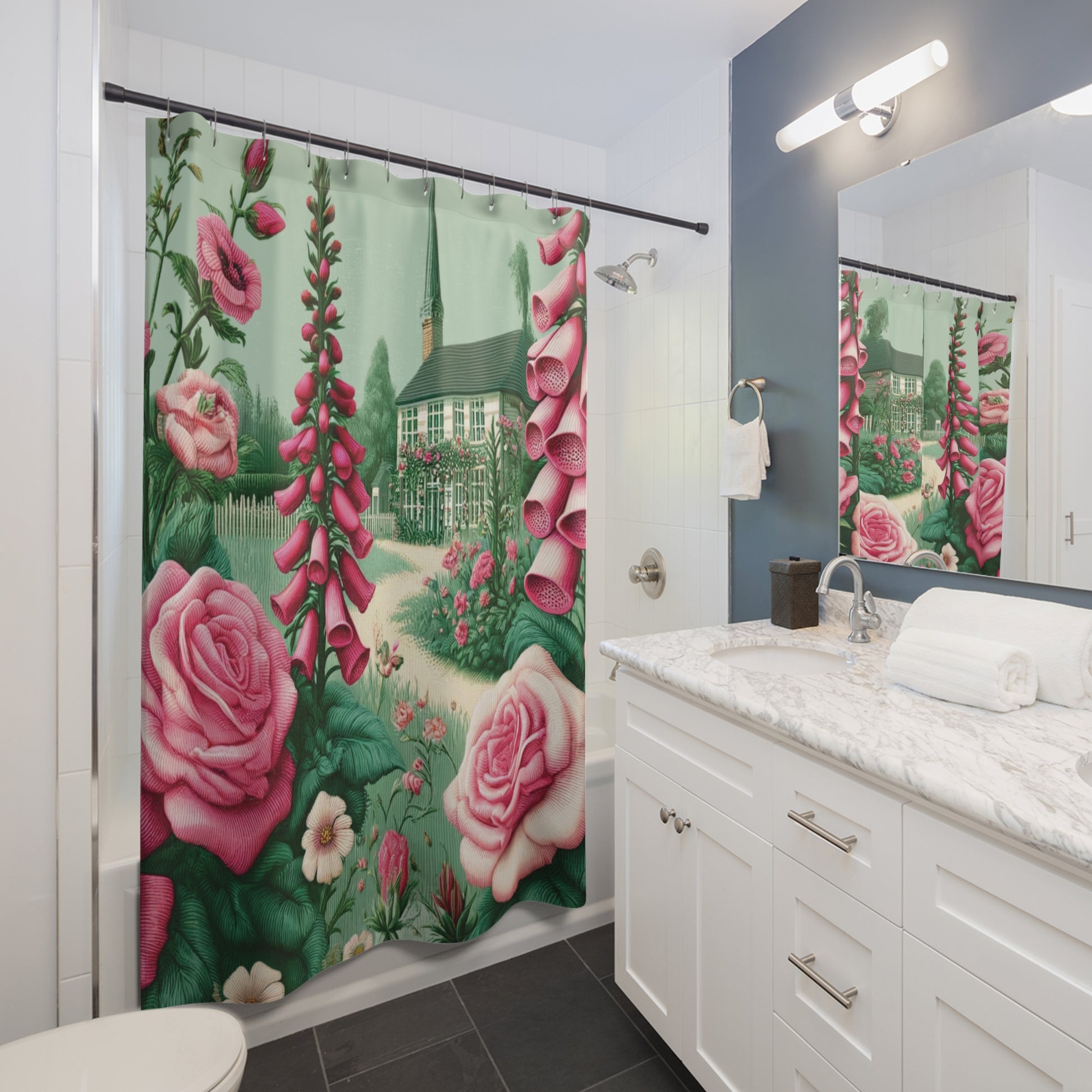 Shabby Chic Blossoms Bold Pink Roses and Country Cottage Garden Vintage Style Shower Curtain for Bathroom Deco Housewarming Gift New Bathroom Decor Wedding Gift for Mom Bridal Shower Gift Newlywed - MRSBYVALLE