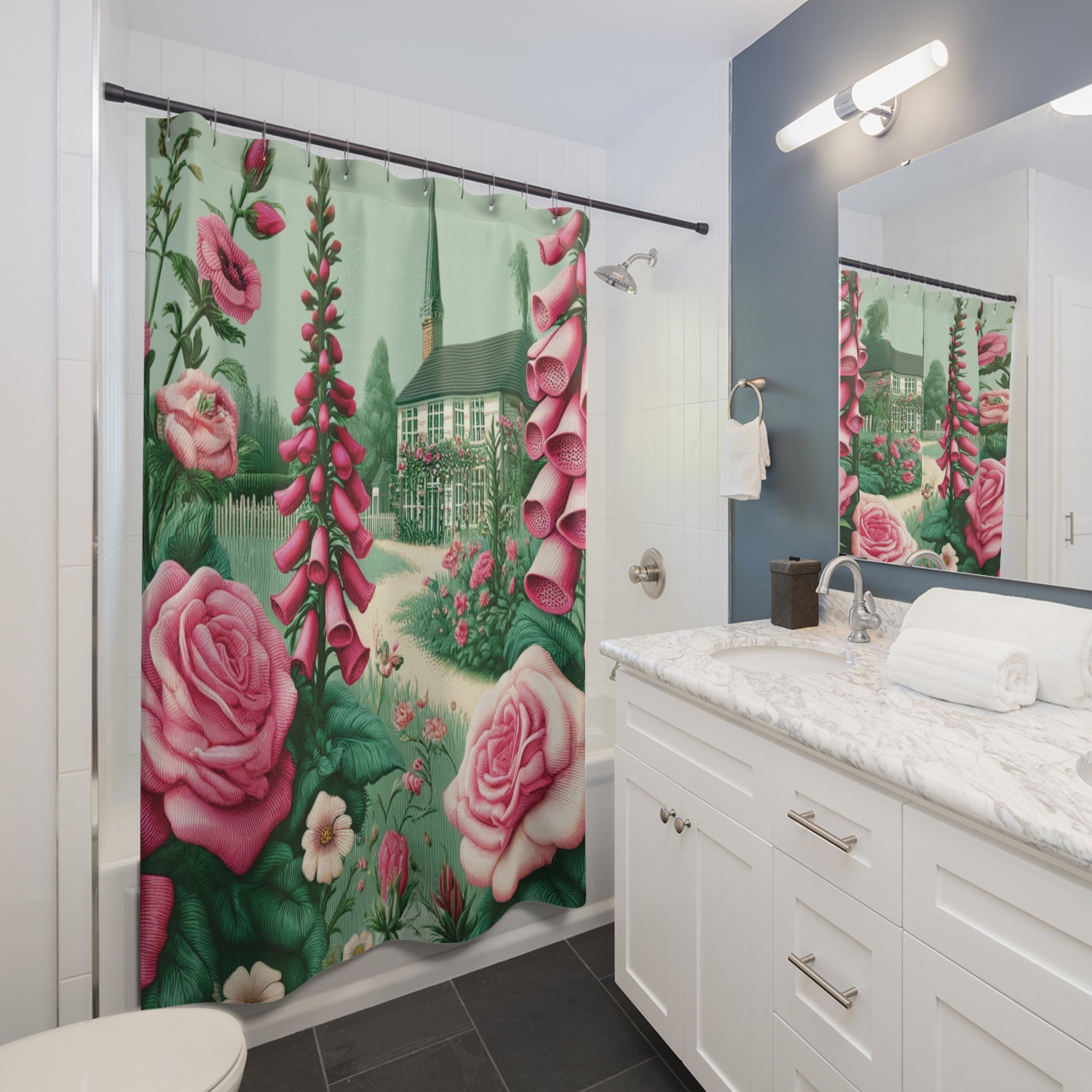 Shabby Chic Blossoms Bold Pink Roses and Country Cottage Garden Vintage Style Shower Curtain for Bathroom Deco Housewarming Gift New Bathroom Decor Wedding Gift for Mom Bridal Shower Gift Newlywed - MRSBYVALLE