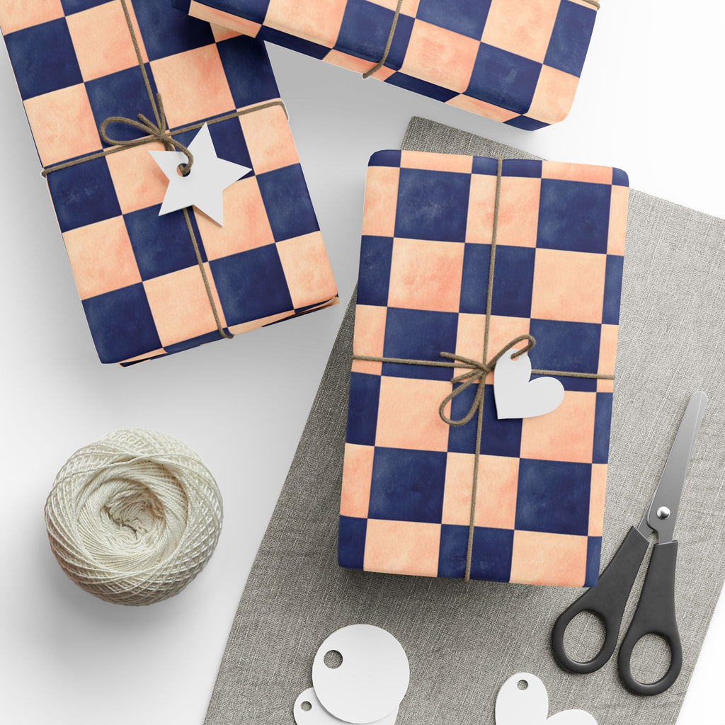 Navy and  Peach Checkerboard Wrapping Paper Wedding, Birthdays