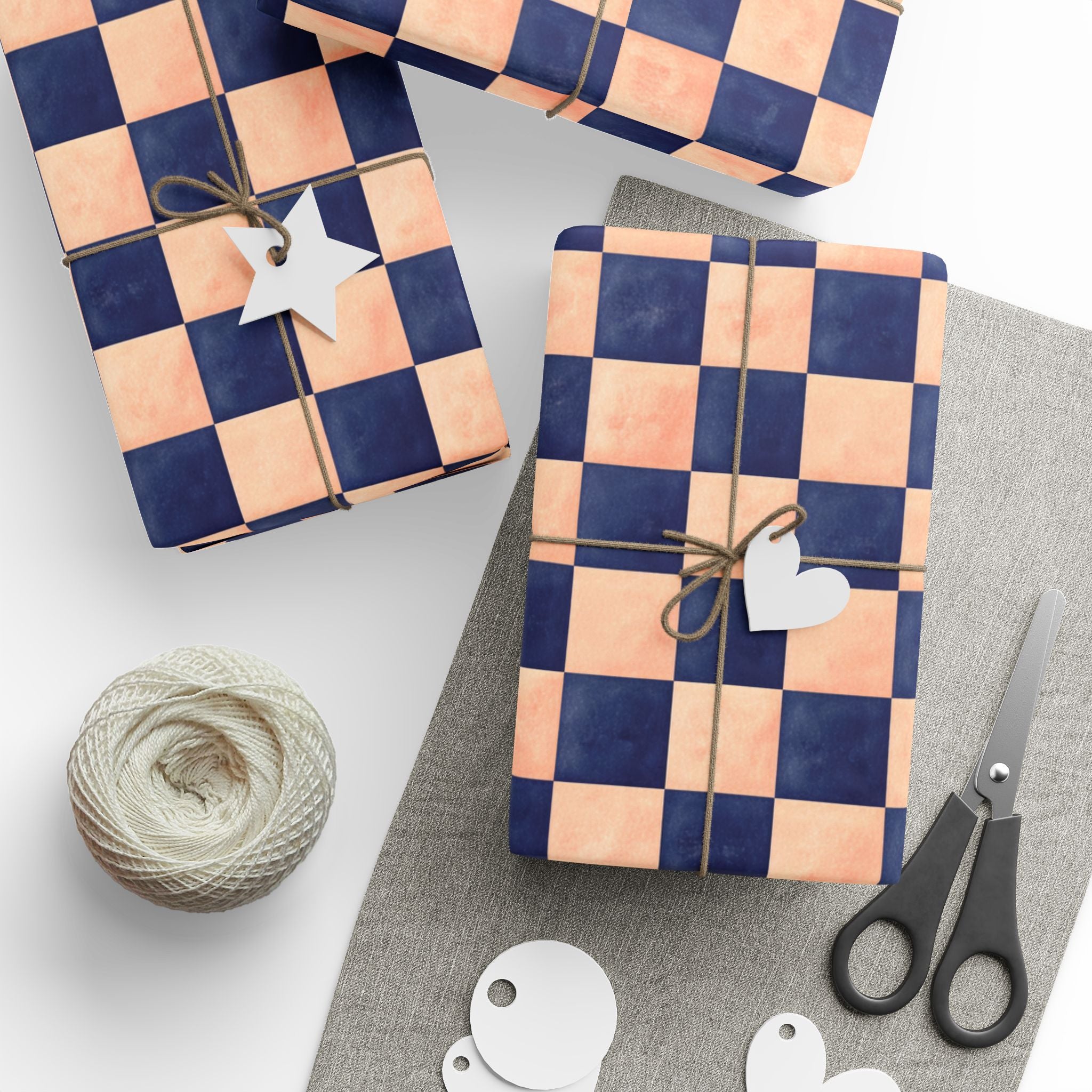 Navy and  Peach Checkerboard Wrapping Paper Wedding, Birthdays