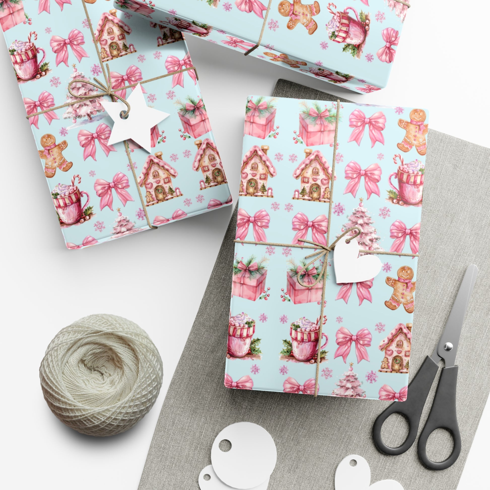 Coquette Pink Gingerbread House Man Wrapping Paper with Adorable Pink Bows Perfect for Whimsical Christmas Gift Wrap | Festive Holiday Present Wrapping Sheets - MRSBYVALLE