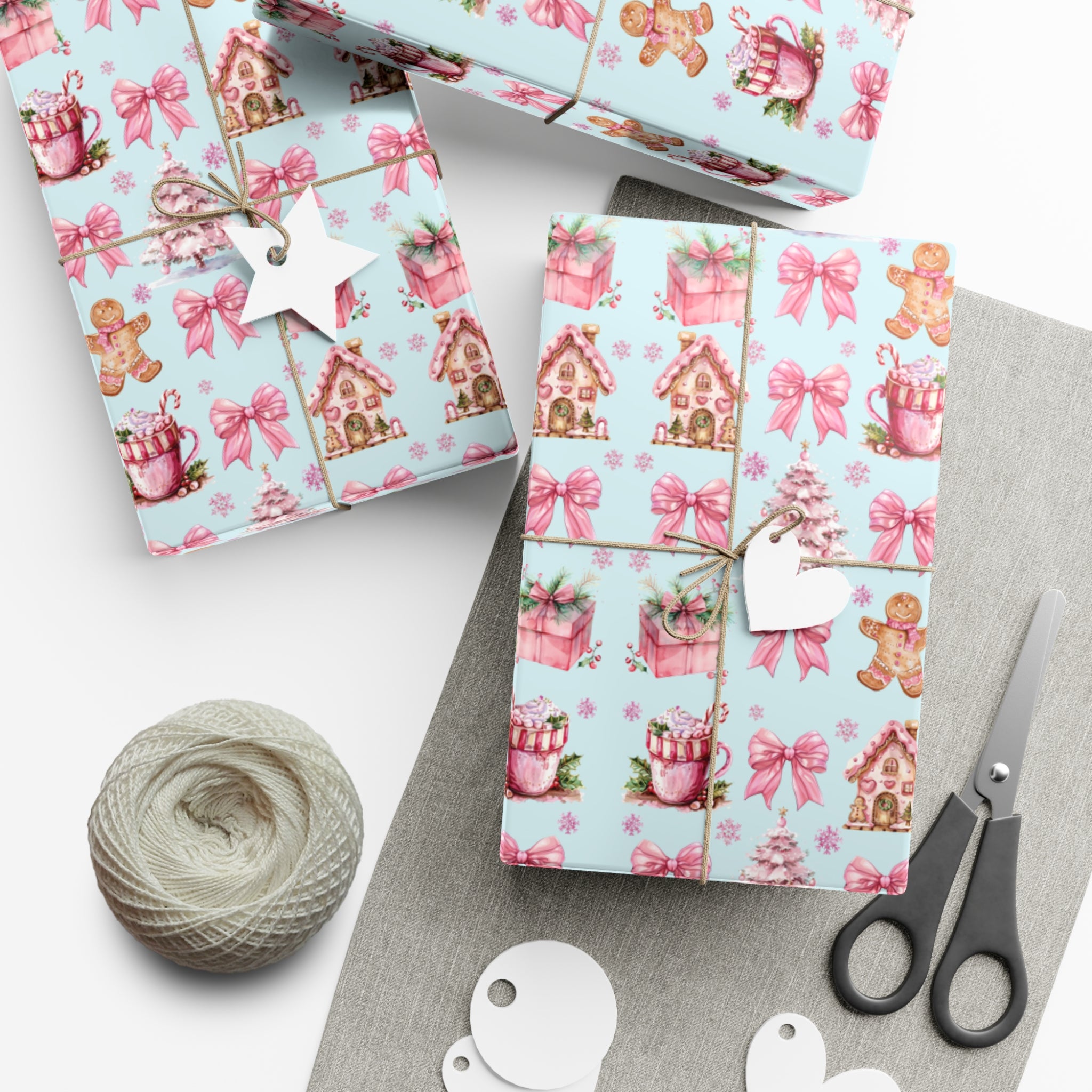 Coquette Pink Gingerbread House Man Wrapping Paper with Adorable Pink Bows Perfect for Whimsical Christmas Gift Wrap | Festive Holiday Present Wrapping Sheets - MRSBYVALLE