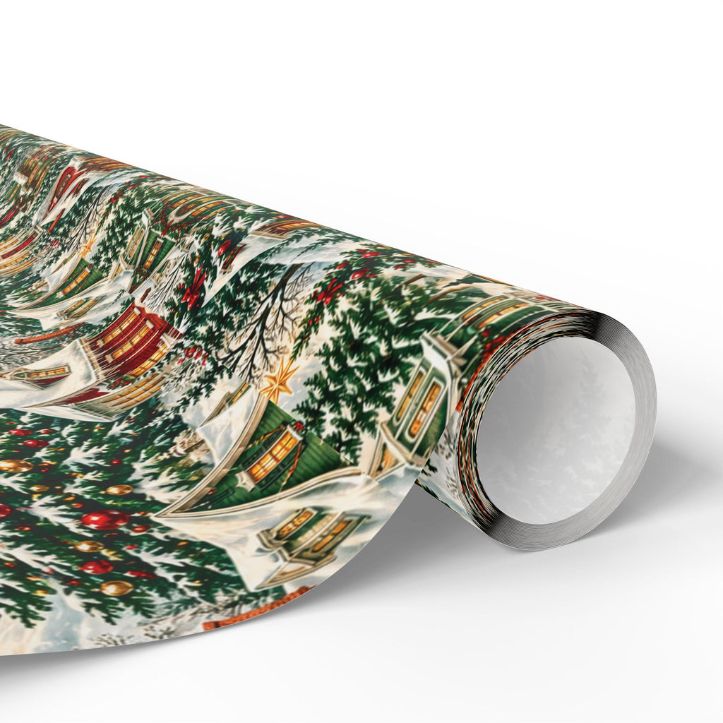Vintage Christmas Village Gift Wrap Snowy Church & Cottage Wrapping Paper Rustic Holiday Present Wrap