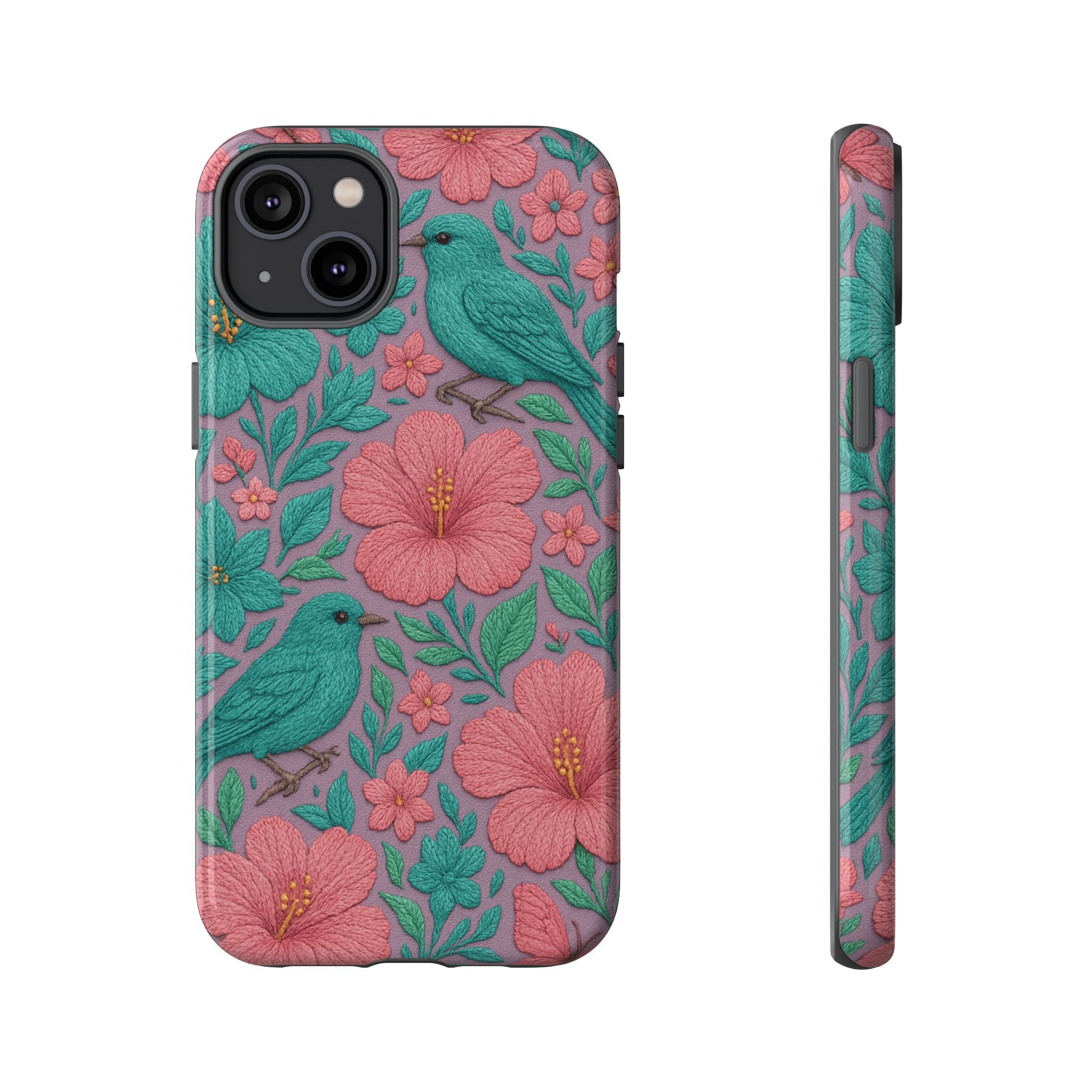 Turquoise, Pink and Lavender 3D Embroidery Illusion Phone Case Tropical Flowers, Birds & Butterflies Cover with Bold, Realistic Floral Texture iPhone, Samsung