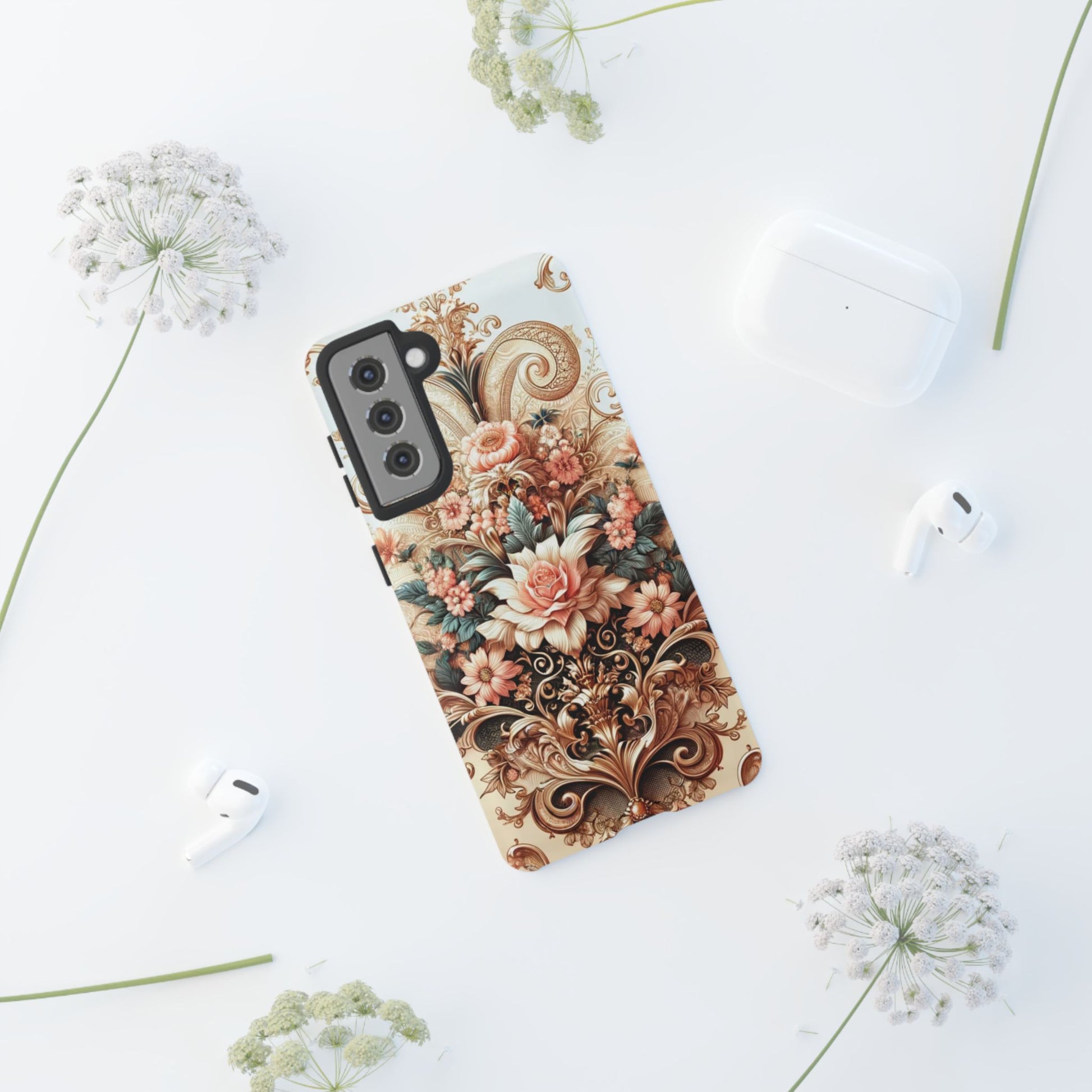 Gold Design Luxury Phone Tough Case Floral Elegant Durable Stylish for Modern Devices iPhone 17, 16, 15, Samsung iPhone Samsung Accessory Gift for Her
