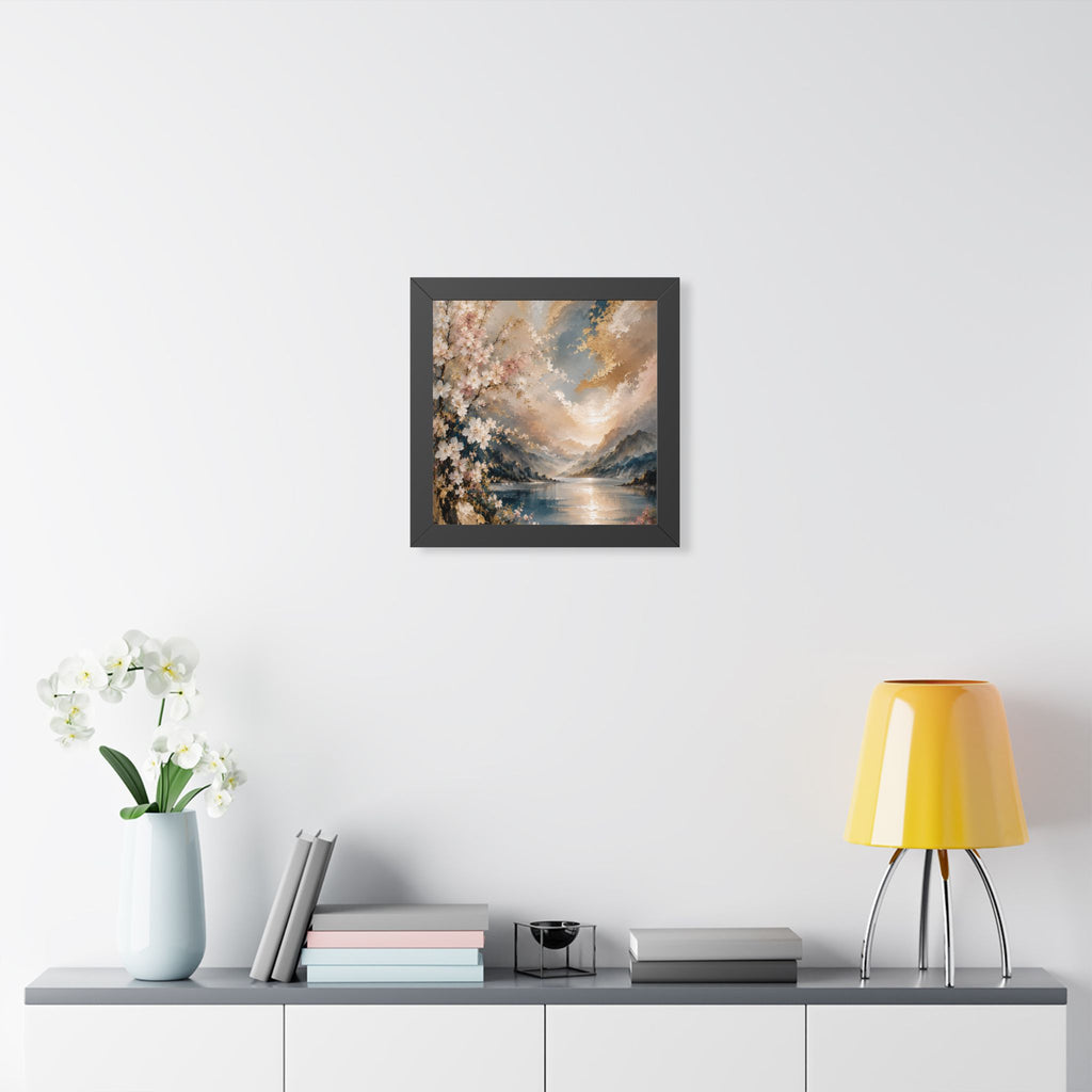 Sunlit Mountain Lake framed vertical poster | floral shoreline landscape