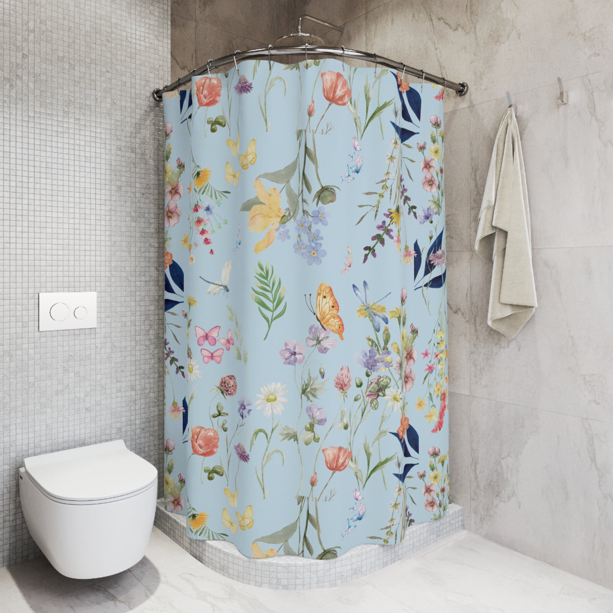 Watercolor Wildflower Shower Curtain, Floral Bathroom Decor, Botanical Cottage Style, Nature Lover Gift, Bohemian Flower Fabric Bath