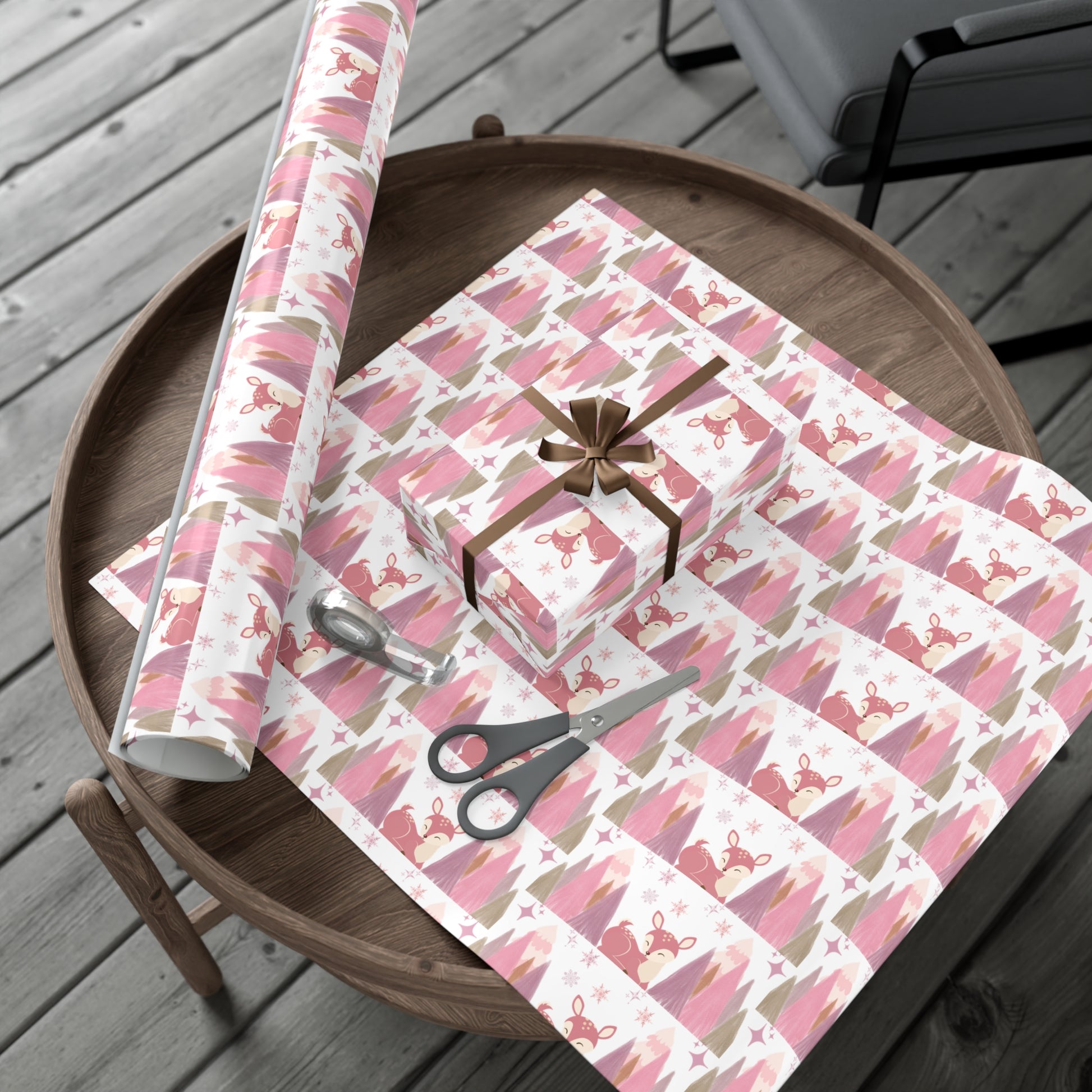 Pink and Lavender Deer Wrapping Paper, Whimsical Christmas Gift Wrap, Pastel Holiday Paper, Winter Wonderland Theme, Elegant Xmas Packaging