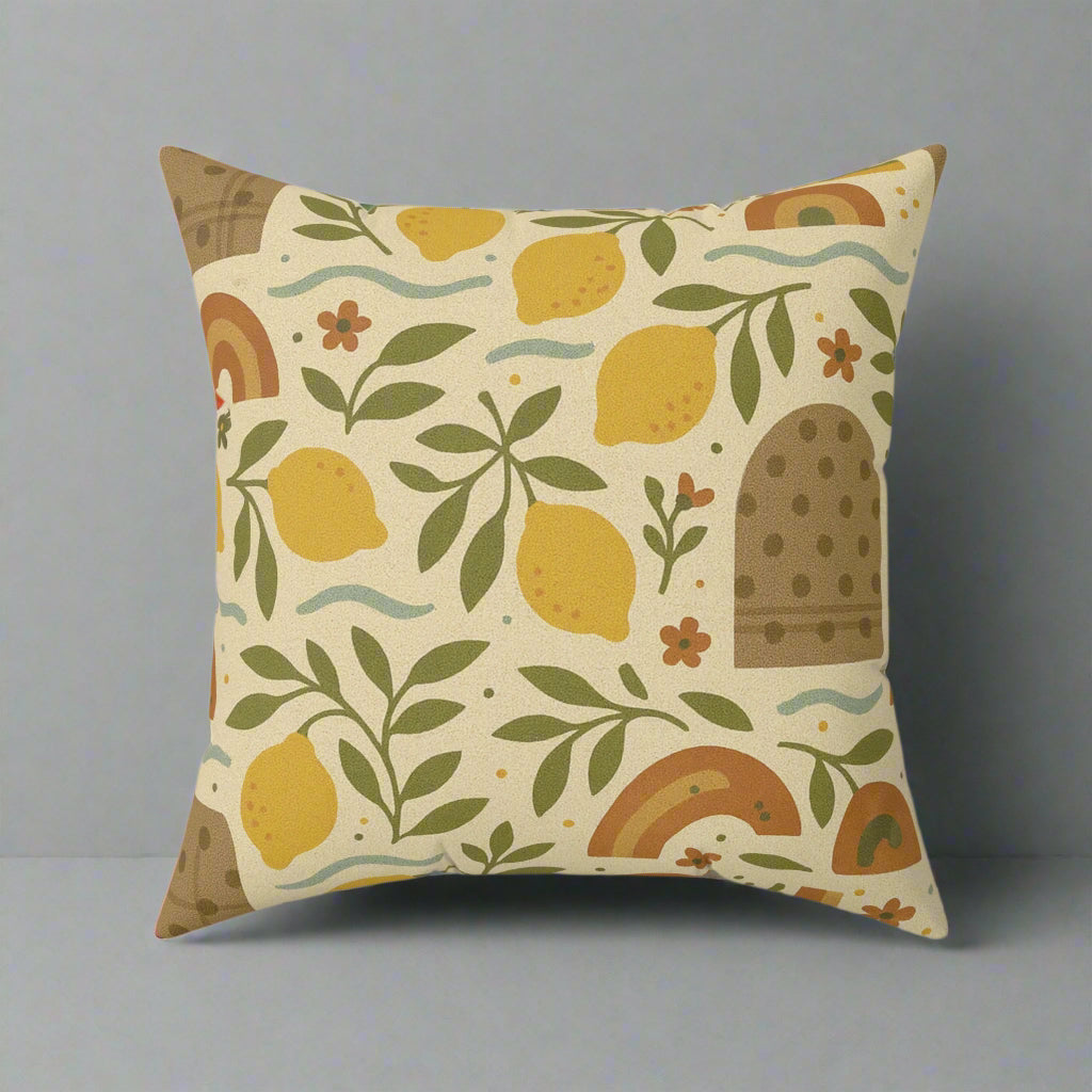 Boho Lemon Square Pillow  Decorative Throw Pillow with Yellow Lemons, Olive Branches & Floral Accents, Cozy Polyester Cover, Double-Sided Print, Zippered Bedroom, or Reading Nook
