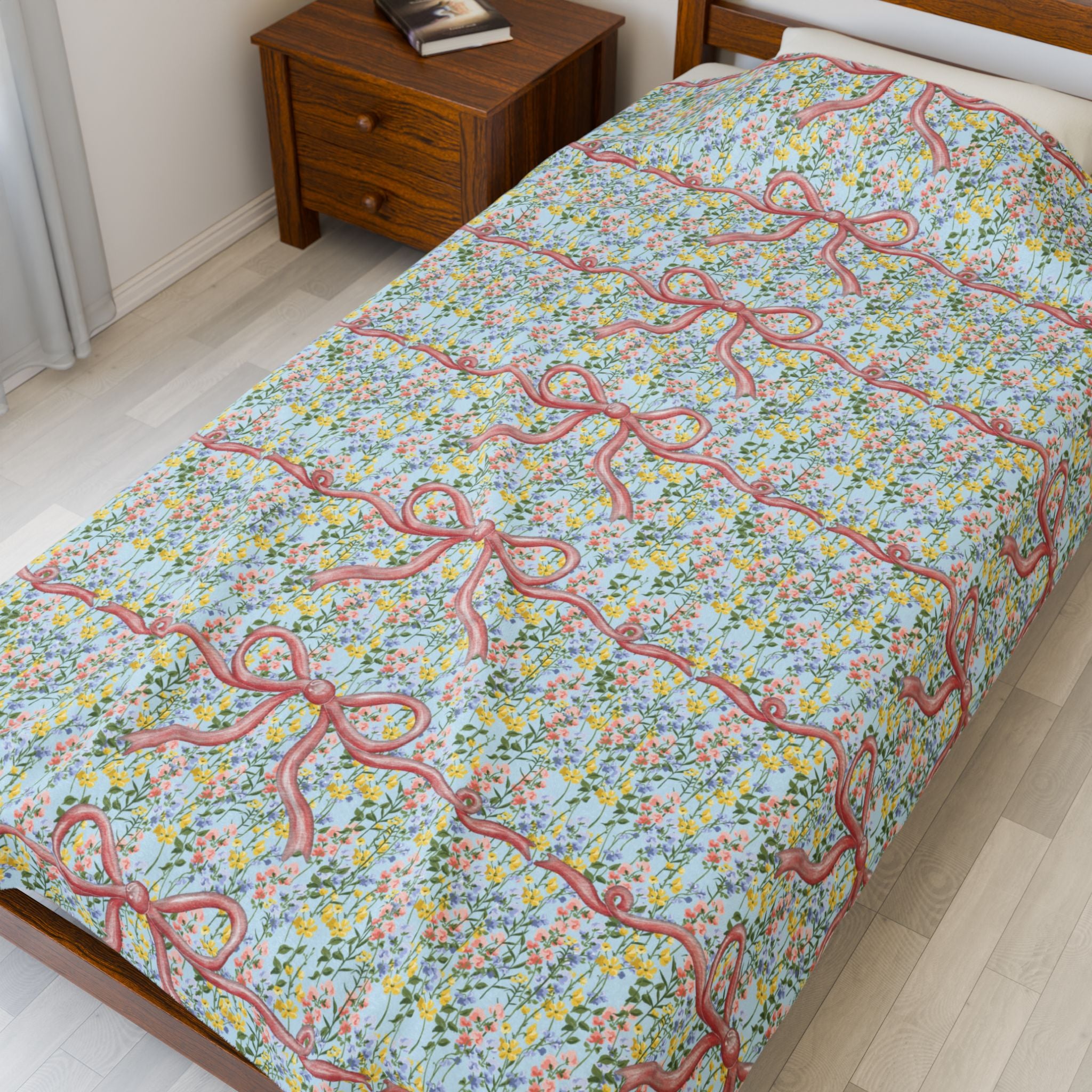 Pink Bow Botanical Wildflower Minky Velveteen Plush Blanket