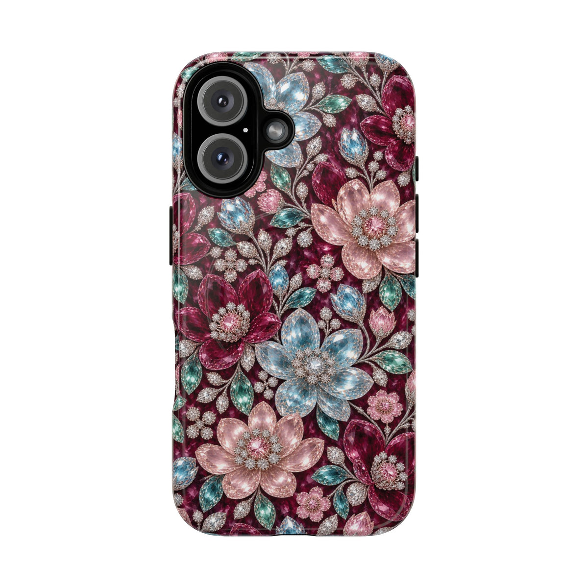 Floral faux Jewel Phone Case Sparkling Burgundy Flower Tough Magnetic Case 18 iPhone