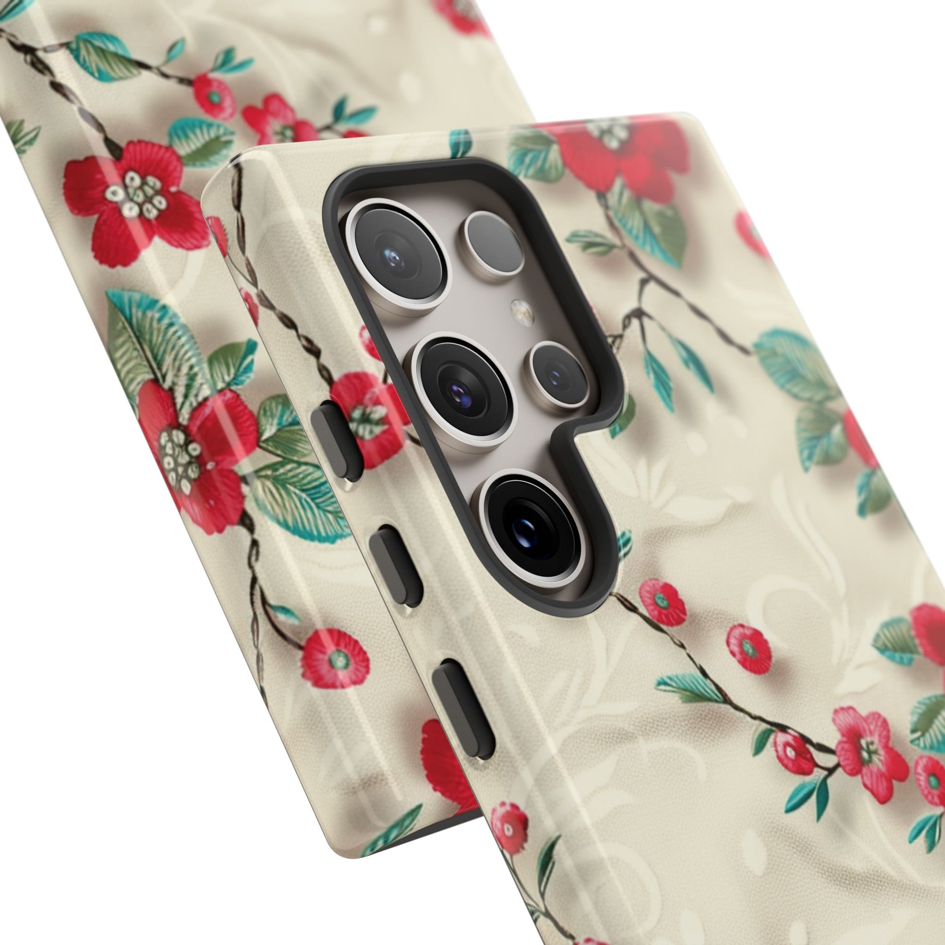 3D Embroidery Illusion Red Flowers Phone Case for iPhone, Samsung Pixel Artistic Floral Protection 15 14 13 12, 21 23 Gift for Her Perfect for Floral Lover