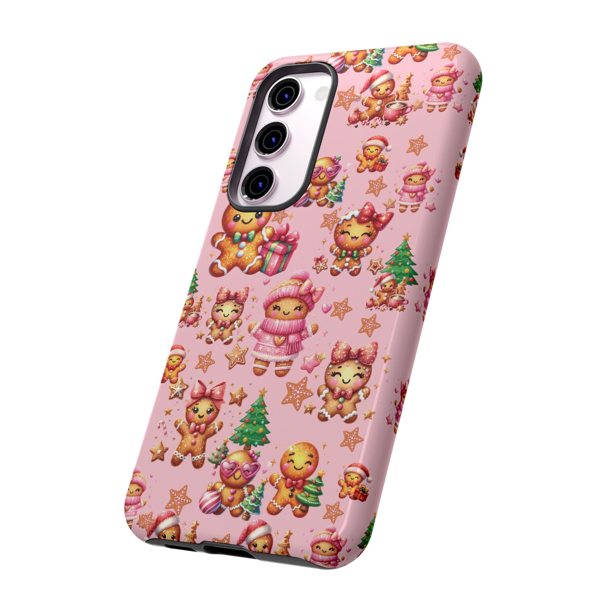 Coque de téléphone en forme de petite fille pain d'épices rose adorable, ambiance girly pour les fêtes, esthétique douce de Noël, idée cadeau mignonne et festive pour elle, housse de protection amusante