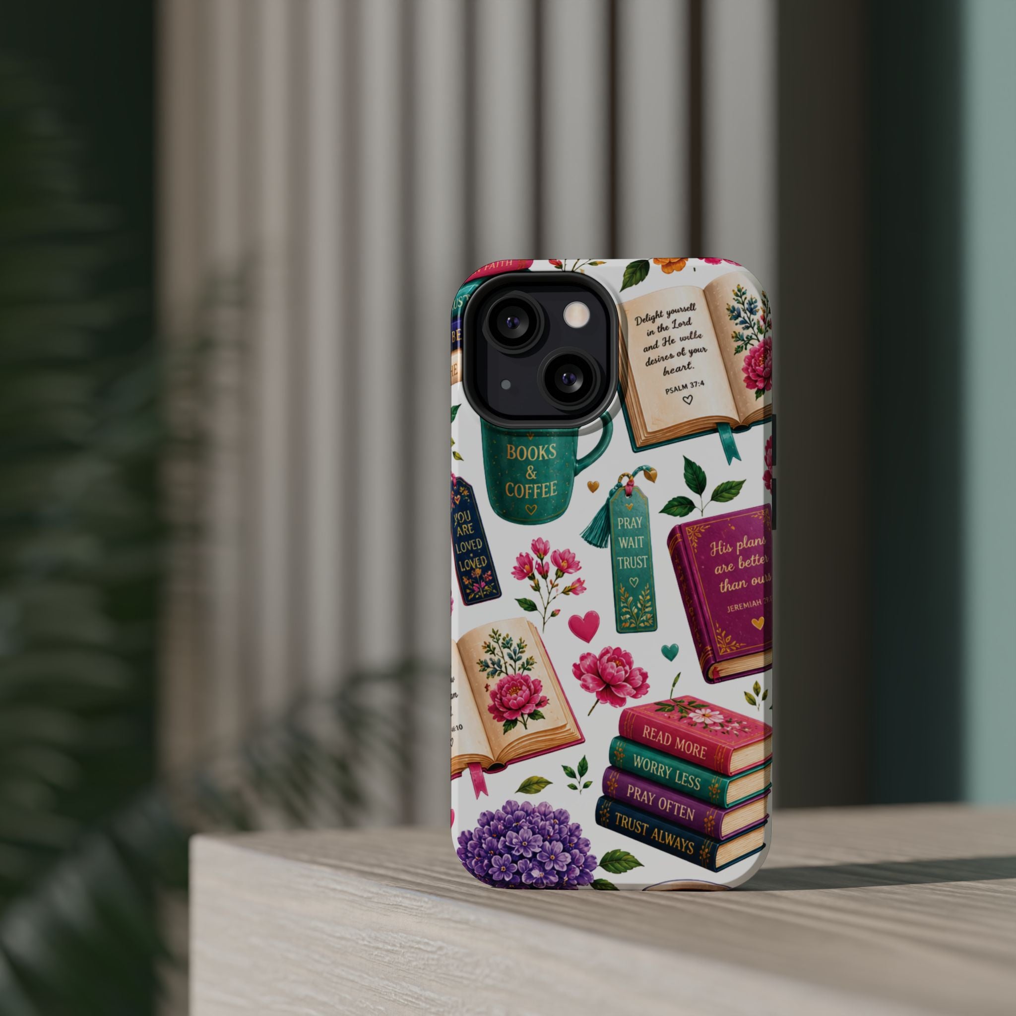 Christian Books & Coffee Phone Case — Magnetic Impact-Resistant Christian Gift