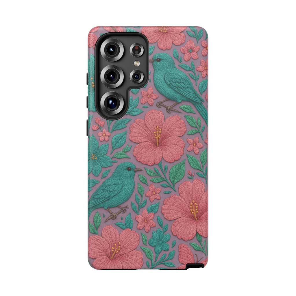Turquoise, Pink and Lavender 3D Embroidery Illusion Phone Case Tropical Flowers, Birds & Butterflies Cover with Bold, Realistic Floral Texture iPhone, Samsung