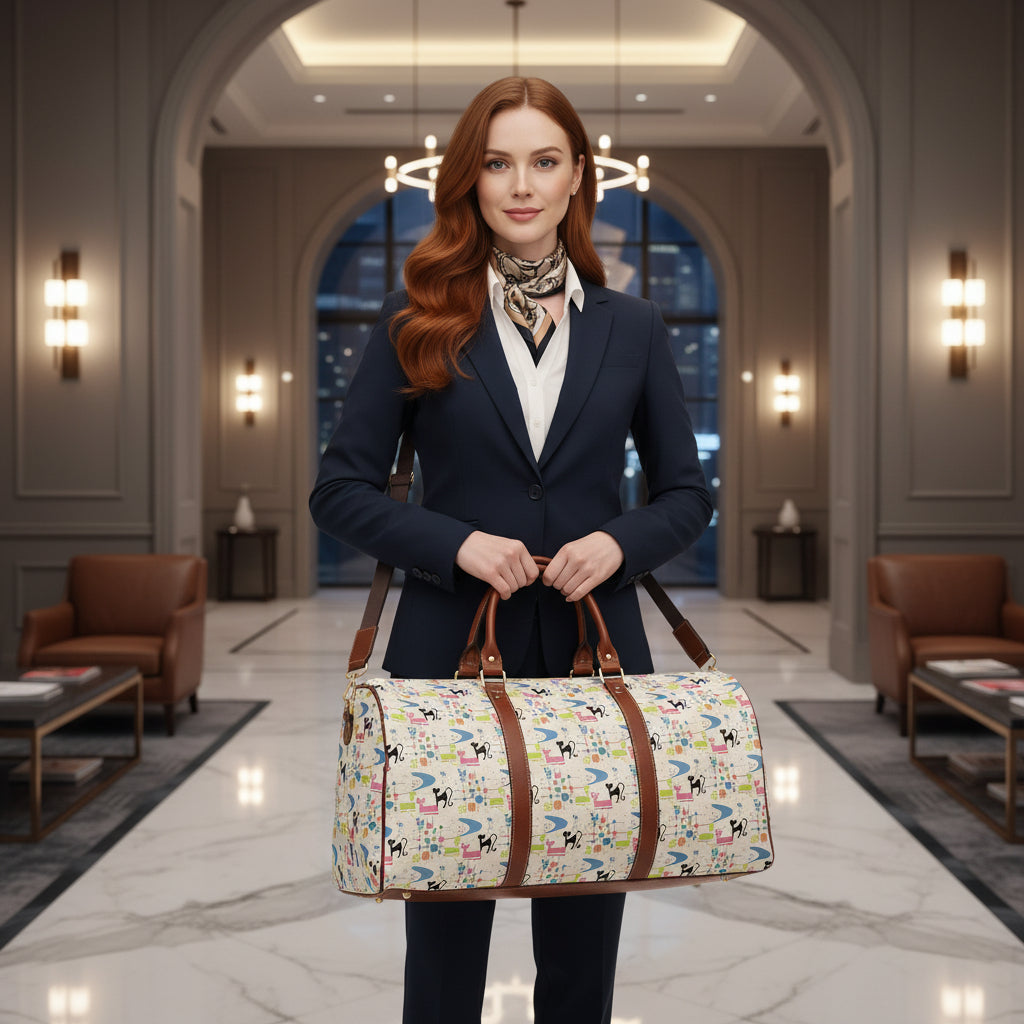 Woman holding a patterned tote bag with brown straps on a white background