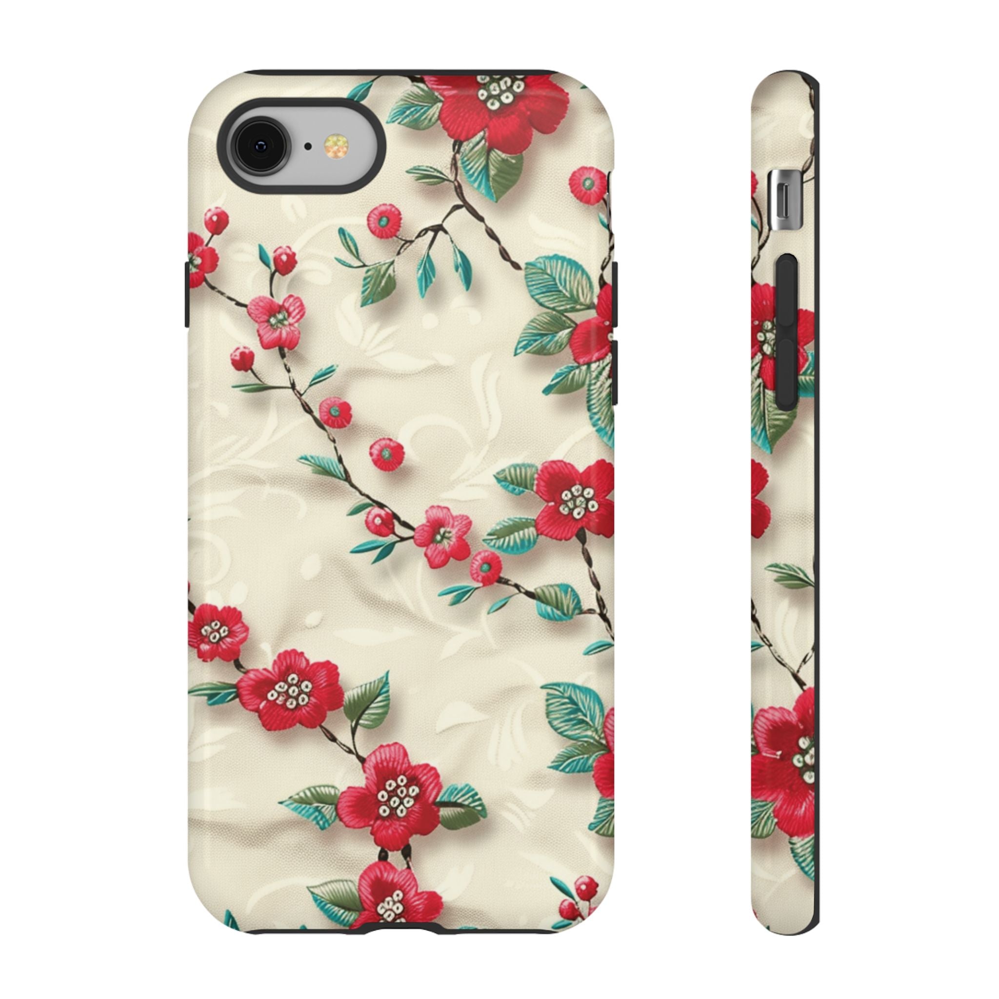 3D Embroidery Illusion Red Flowers Phone Case for iPhone, Samsung Pixel Artistic Floral Protection 15 14 13 12, 21 23 Gift for Her Perfect for Floral Lover