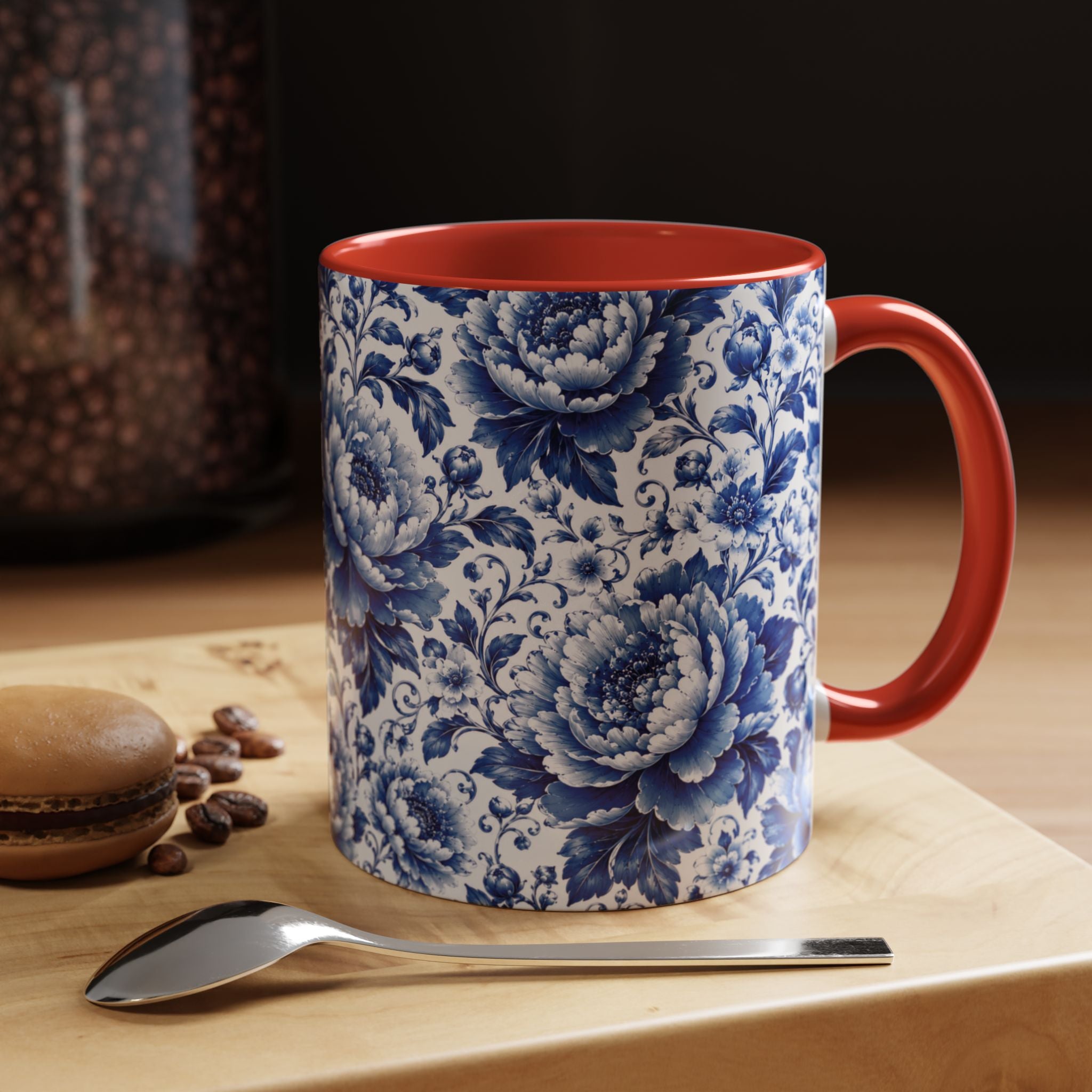 Blue Floral Ceramic Coffee Mug — Vintage Delft Peony Accent (11oz & 15oz) Blue & White Chinoiserie Tea Mug