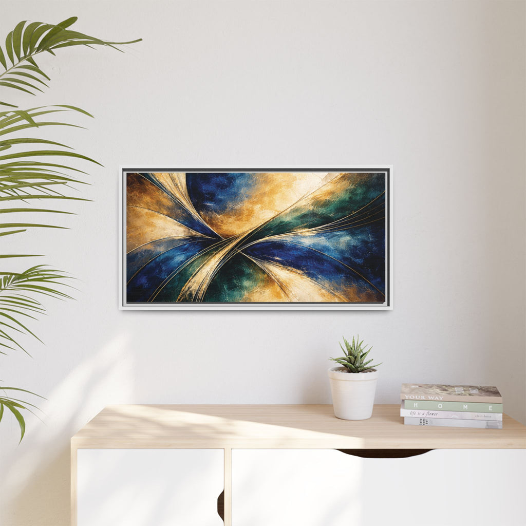 Gilded Convergence  Luxe NeoDeco Blue & Gold Abstract Wall Art Framed