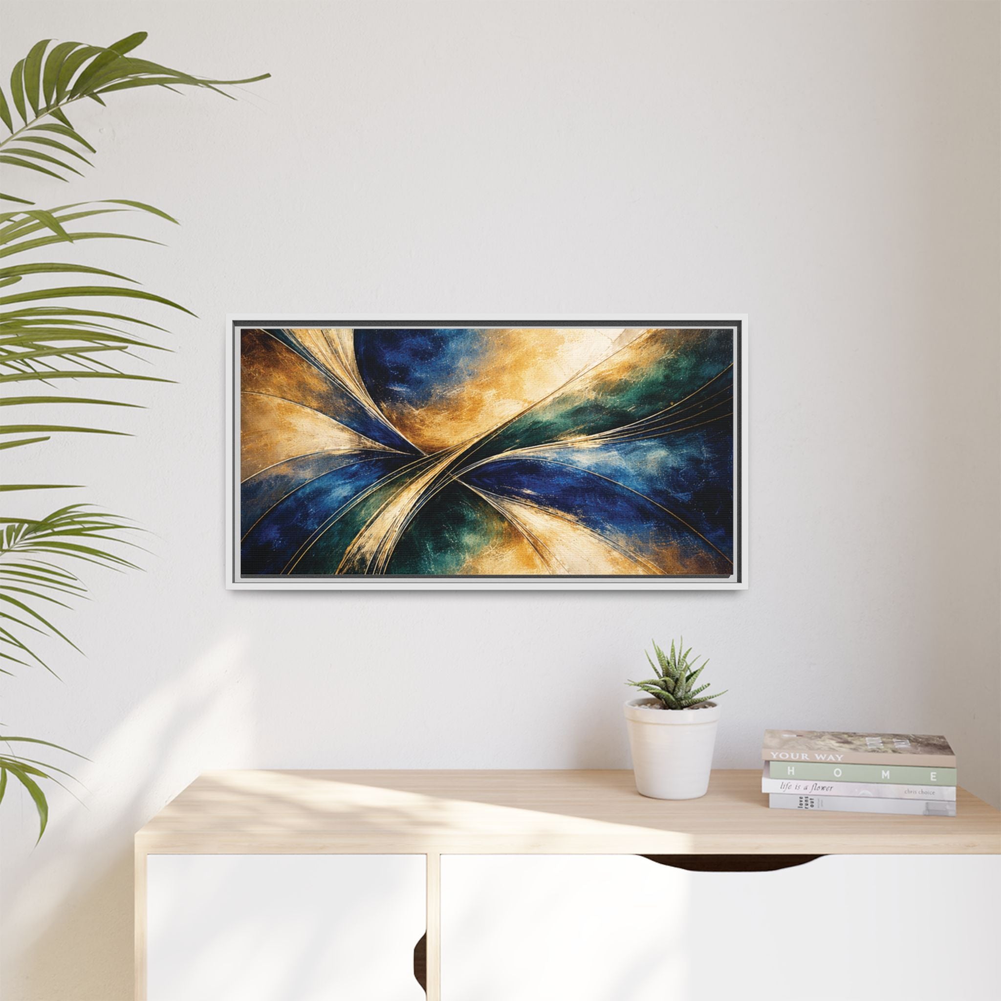 Gilded Convergence  Luxe NeoDeco Blue & Gold Abstract Wall Art Framed