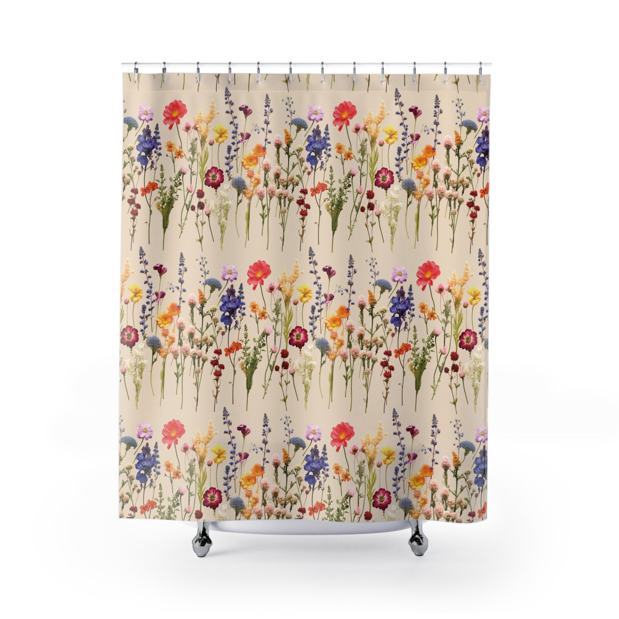 Boho Wildflower Shower Curtain, Floral Bathroom Decor, Botanical Cottage Style, Nature Lover Gift, Bohemian Flower Fabric Bath Curtain Gift Newlywed