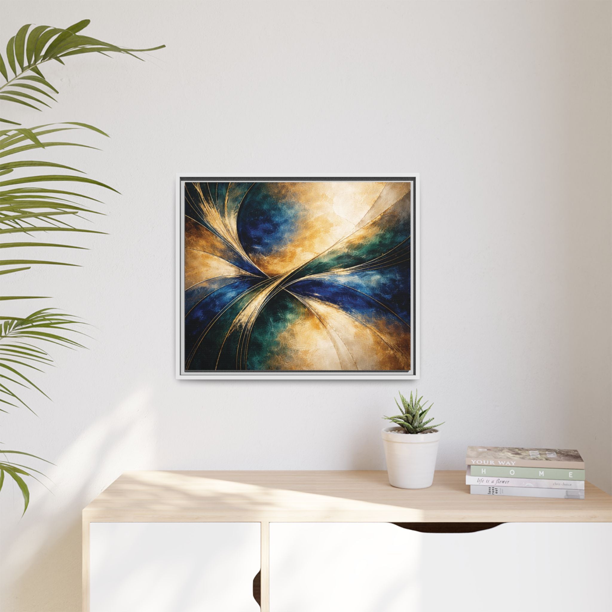 Gilded Convergence  Luxe NeoDeco Blue & Gold Abstract Wall Art Framed