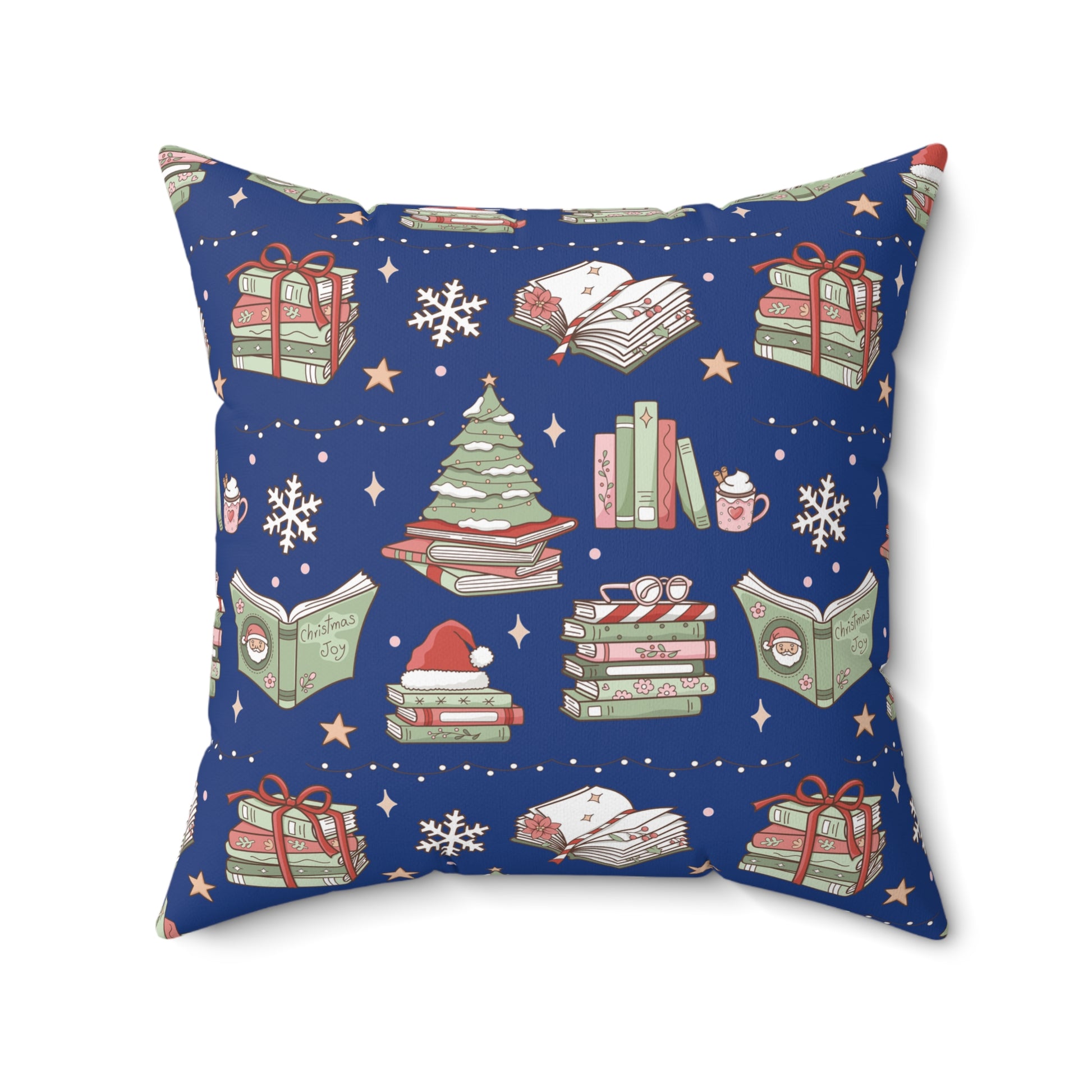 Square Pillow Royal Blue Christmas Books and Coffee Cozy