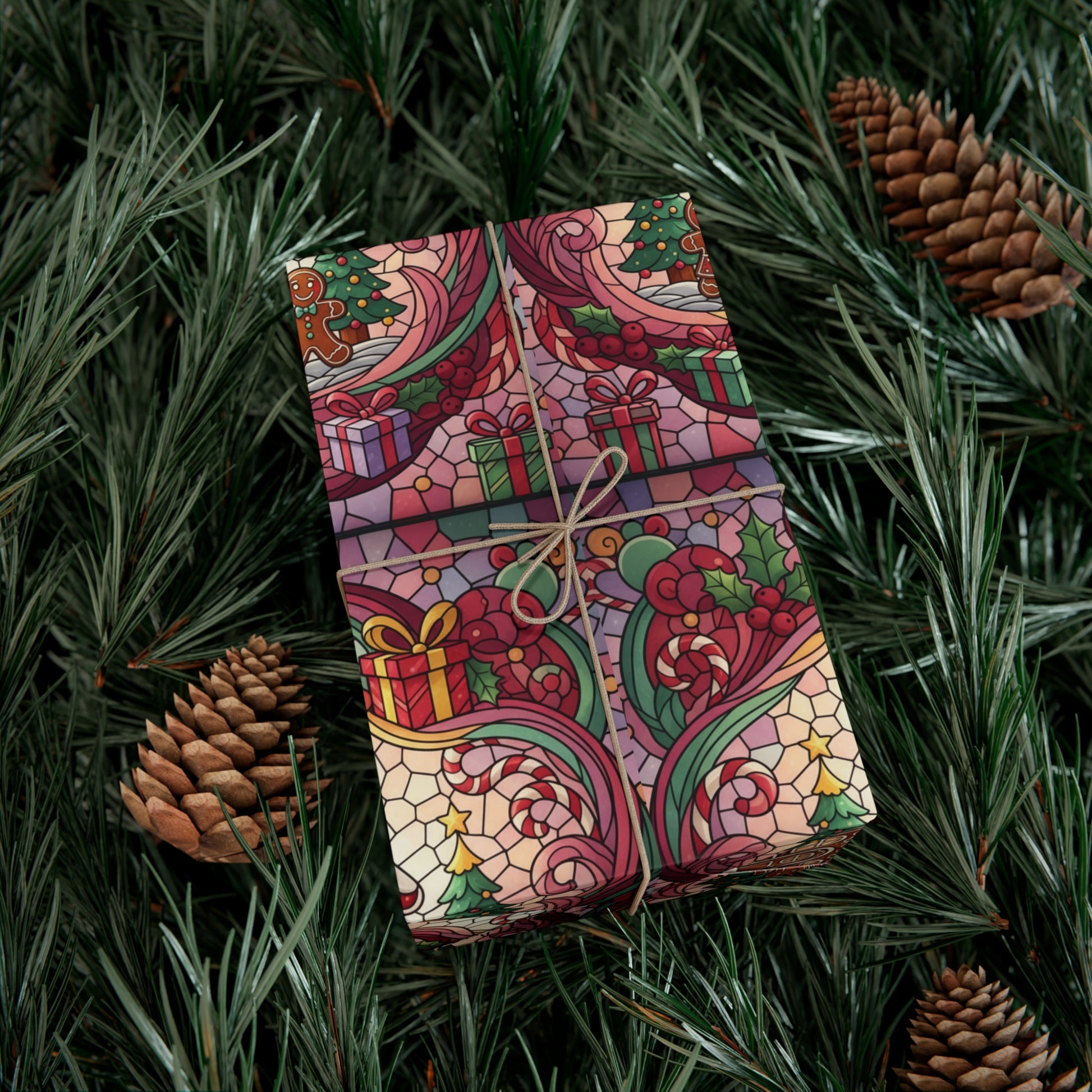 Stained Glass Gift Wrap Papers, Gingerbread House and Family Design - Wrapping Sheets, Festive Holiday Craft Supplies, Christmas Decoration