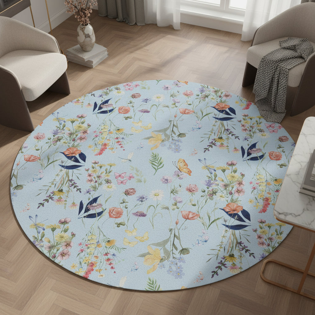Round floral-patterned mat with colorful flowers on a light blue background
