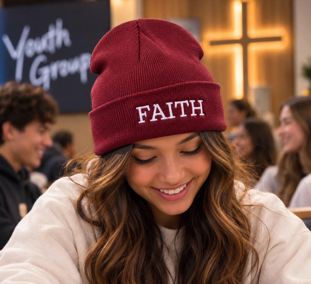 Christian Embroidered Beanie, Jesus, Blessed or Faith Cuffed Knit Winter Hat