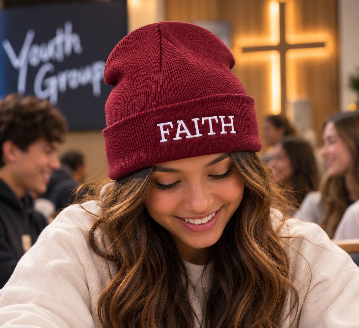 Christian Embroidered Beanie, Jesus, Blessed or Faith Cuffed Knit Winter Hat