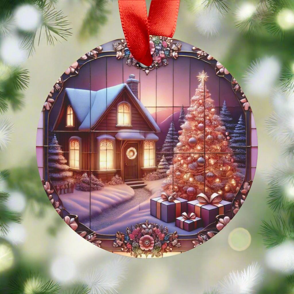 Pink Christmas House Ornament Acrylic with Ribbon Perfect Holiday Decor, Unique Christmas Gift Idea, Pastel Holiday Decoration, Cozy Home Tree Design - MRSBYVALLE
