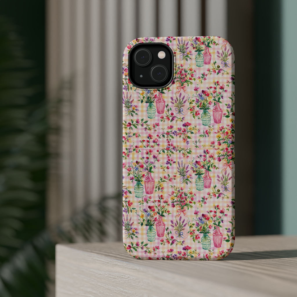 Turquoise & Pink Floral Checker Phone Case — Magnetic Impact-Resistant