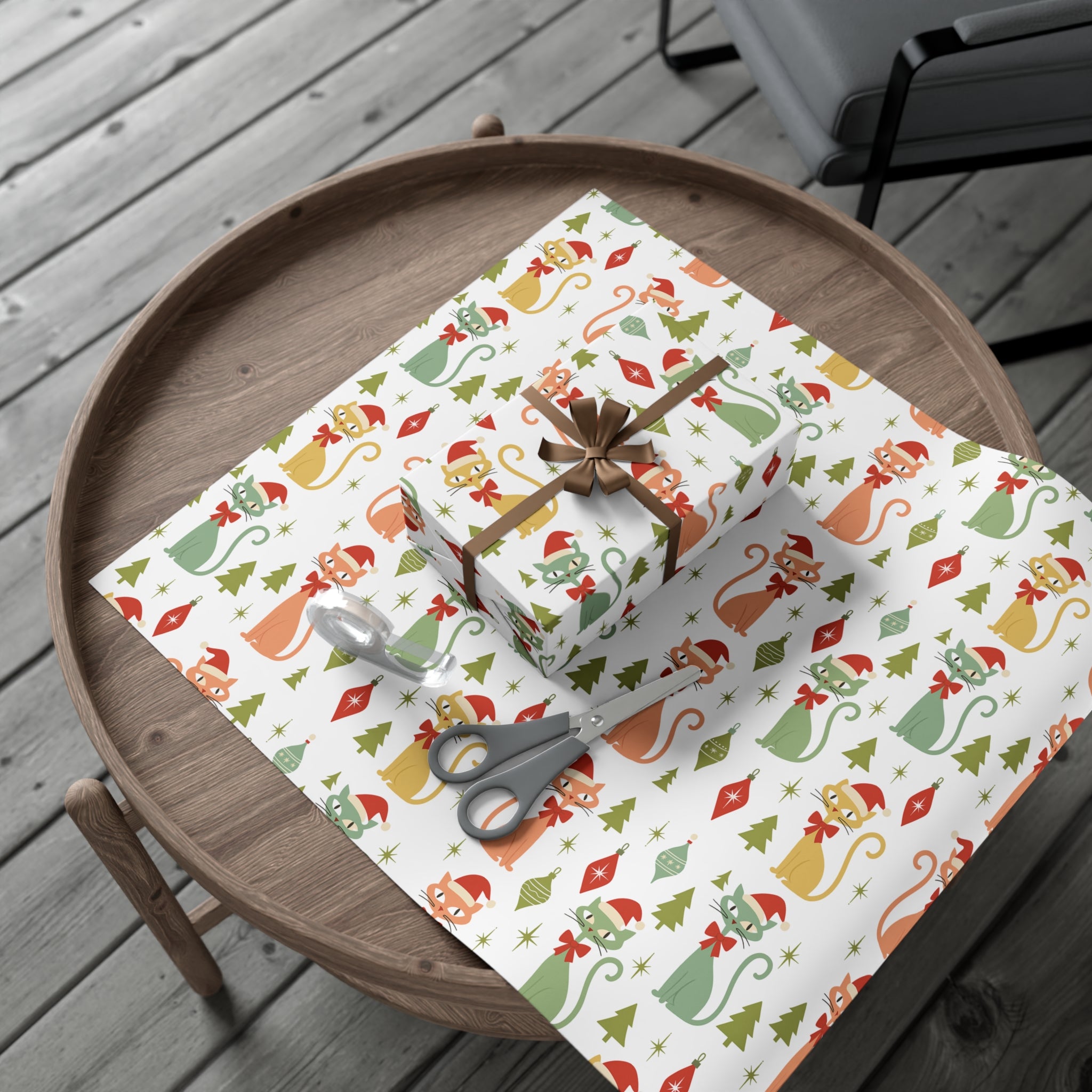 Papier Cadeau Chat Atomique Noël, Papier Cadeau Rétro, Motif Chatons Pastel Milieu de Siècle, Fêtes Vintage 30x20, 30x72, 30x144 Parfait pour toutes les Occasions