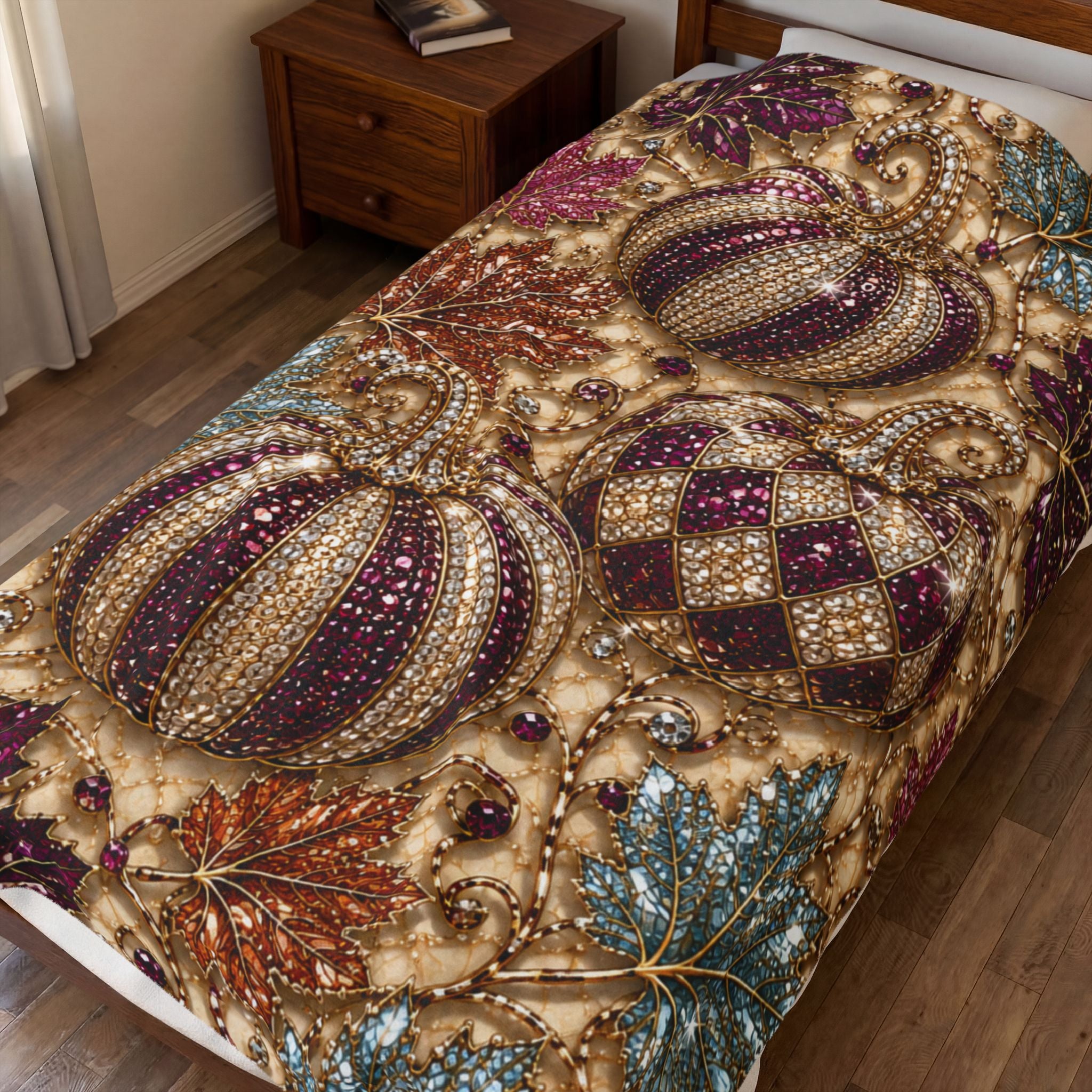 Plush Blanket - Jewel-Toned Decorative Pumpkins & Leaves Fall Throw Rhinestone Faux