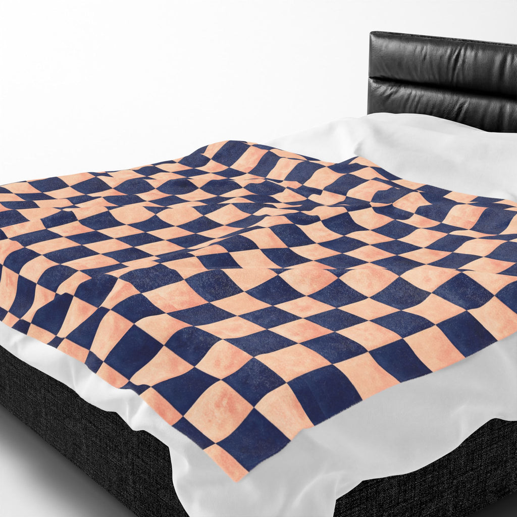 Couverture en peluche veloutée – Plaid confortable à carreaux bleu marine et pêche