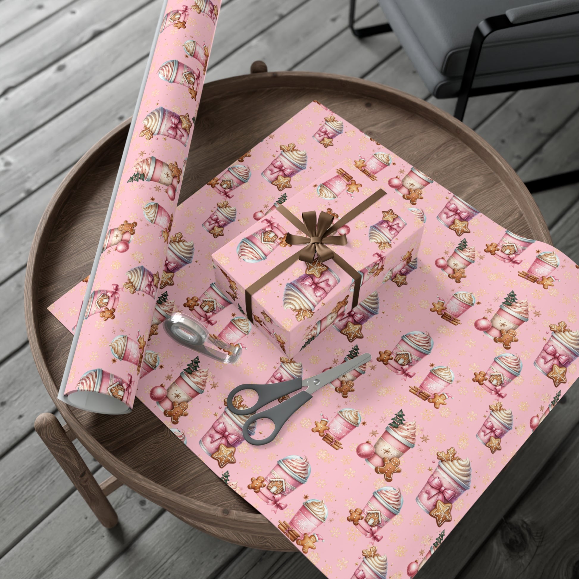 Whimsical Pink Gingerbread People with Coffee Delights Wrapping Paper Festive, Playful, and Perfect for Adding a Sweet Touch to Your Holiday Gifts Moms - MRSBYVALLE