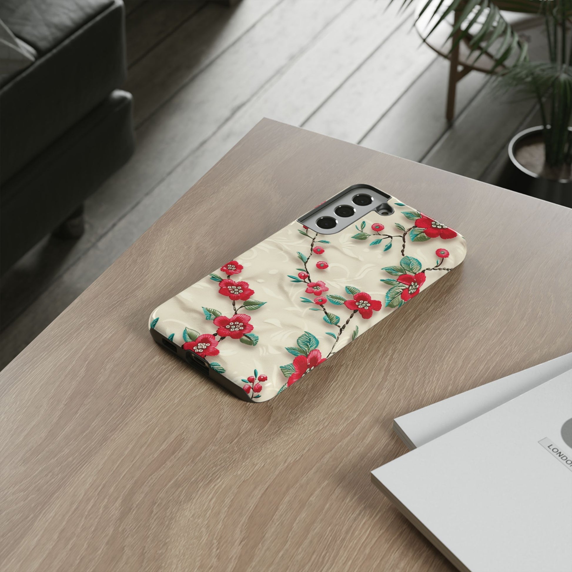 3D Embroidery Illusion Red Flowers Phone Case for iPhone, Samsung Pixel Artistic Floral Protection 15 14 13 12, 21 23 Gift for Her Perfect for Floral Lover