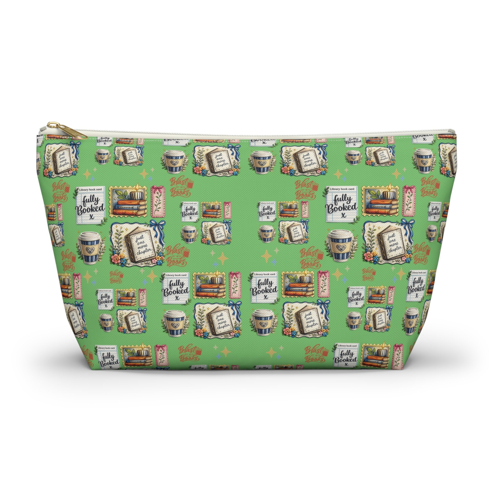 Green pouch with travel-themed pattern on a white background