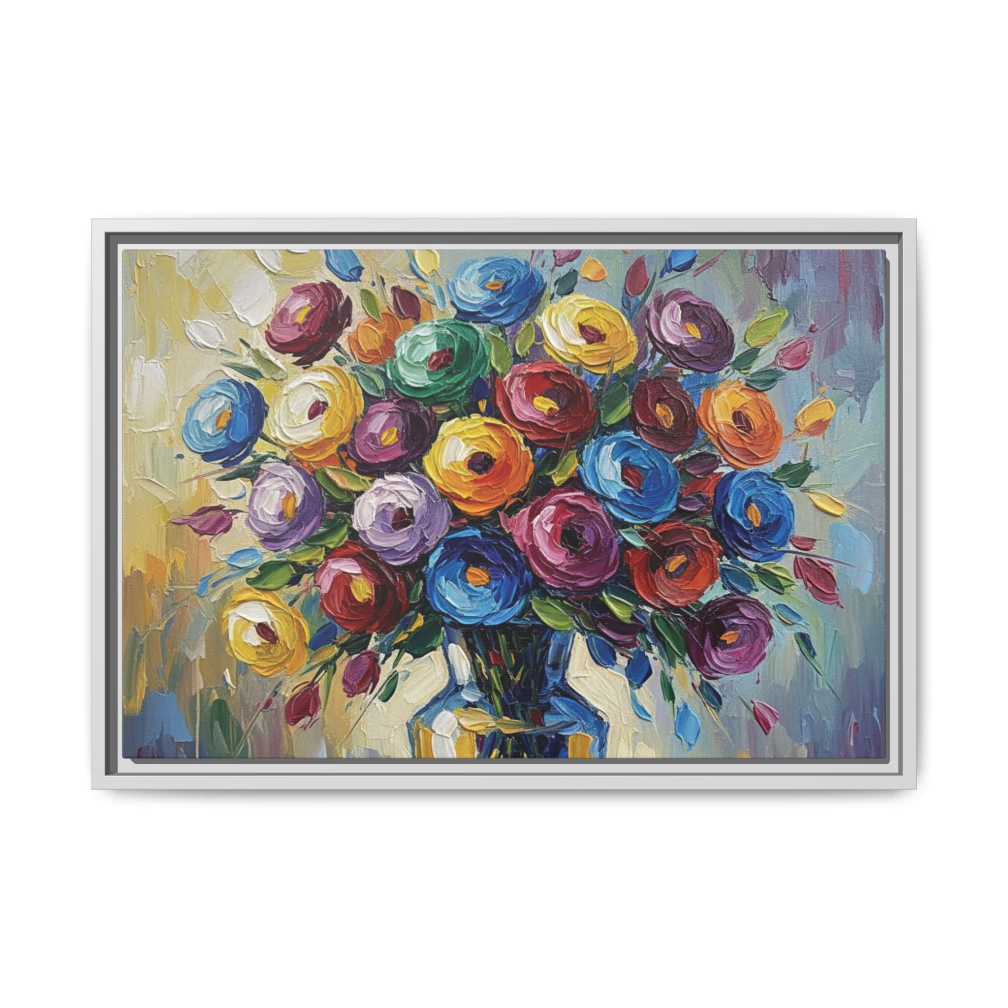 Impression sur toile bouquet floral aquarelle - Tableau mural encadré mat - Illusion de peinture à l'huile vibrante