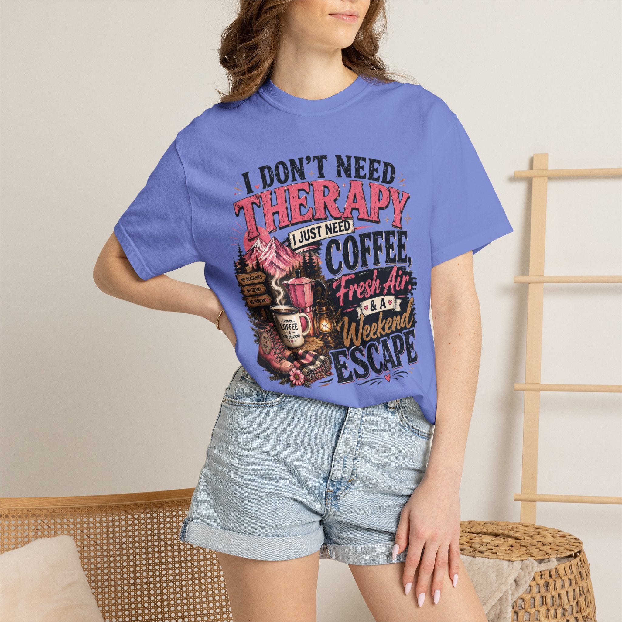 T-Shirt — “I Don’t Need Therapy, I Just Need Coffee, Fresh Air & A Weekend Escape” Vintage Coffee & Outdoors Tee