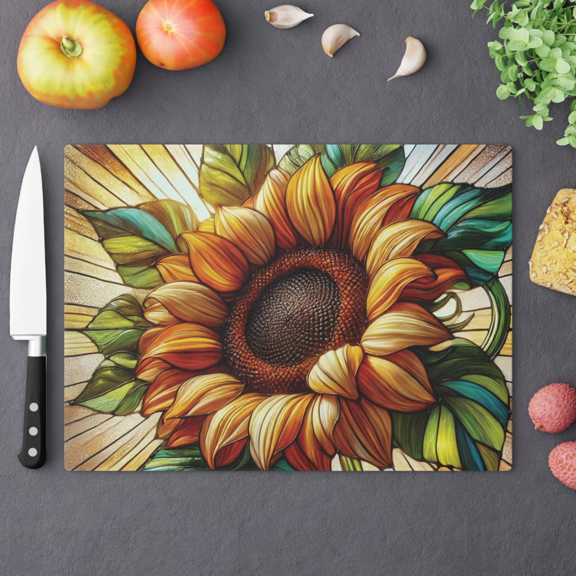 Elegant Sunflower-Stained Glass Cutting Board Floral Charcuterie Kitchen Decor, Useful Gifts for Her Perfect for Cooking, Serving, and Entertaining - MRSBYVALLE