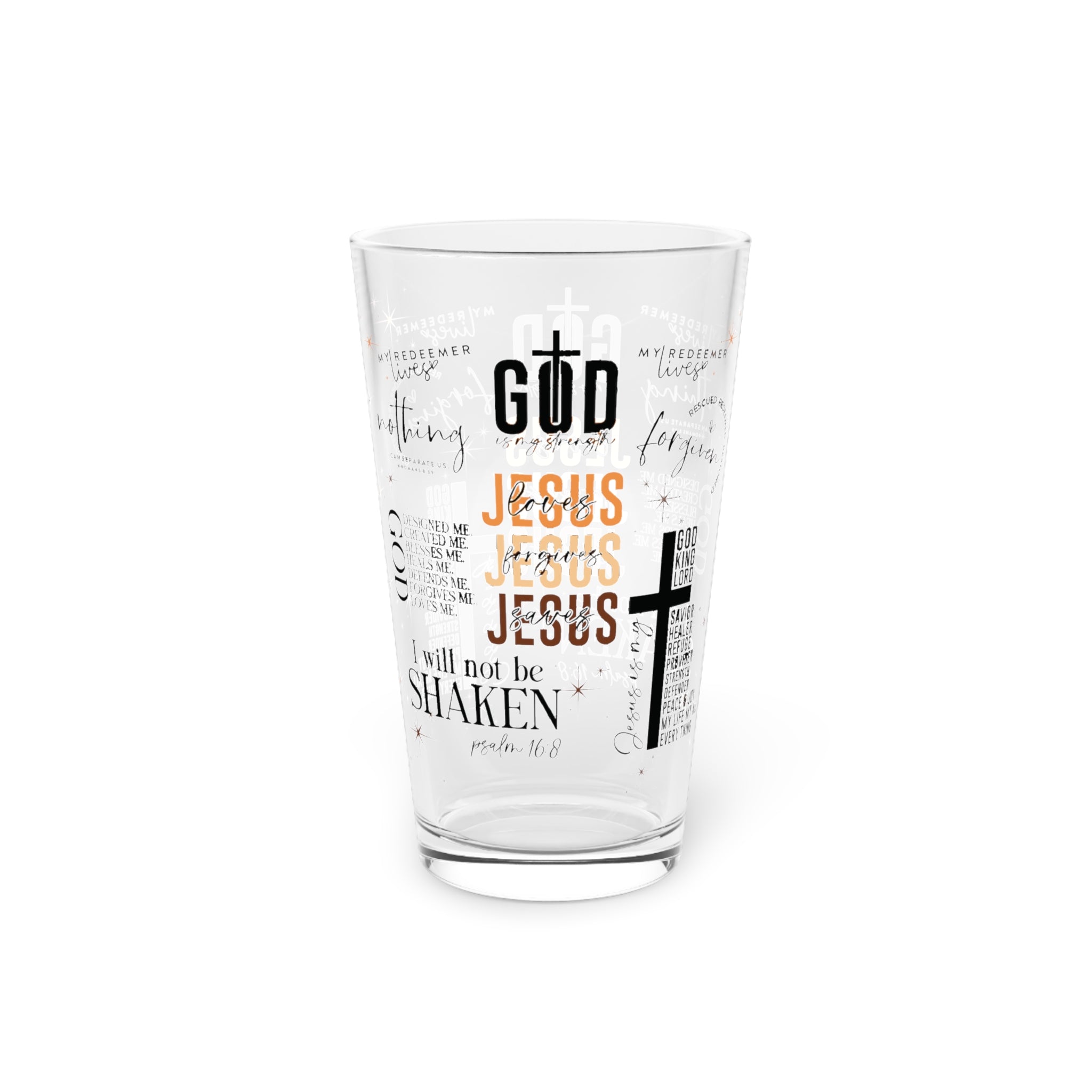 Jesus Quotes 16oz Pint Glass – Scripture Collage, Crystal-Clear Durable Glass, Hand-Wash Only, Christian Gift for Iced Coffee, Lemonade, Soda & Water