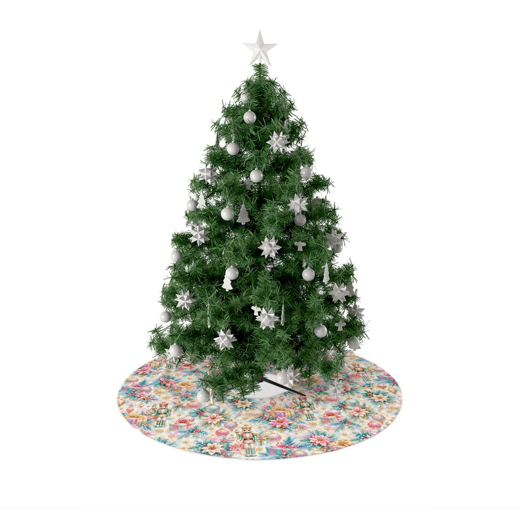 Nutcracker Poinsettia Christmas Tree Skirt — Vintage Pastel Holiday Tree Skirt