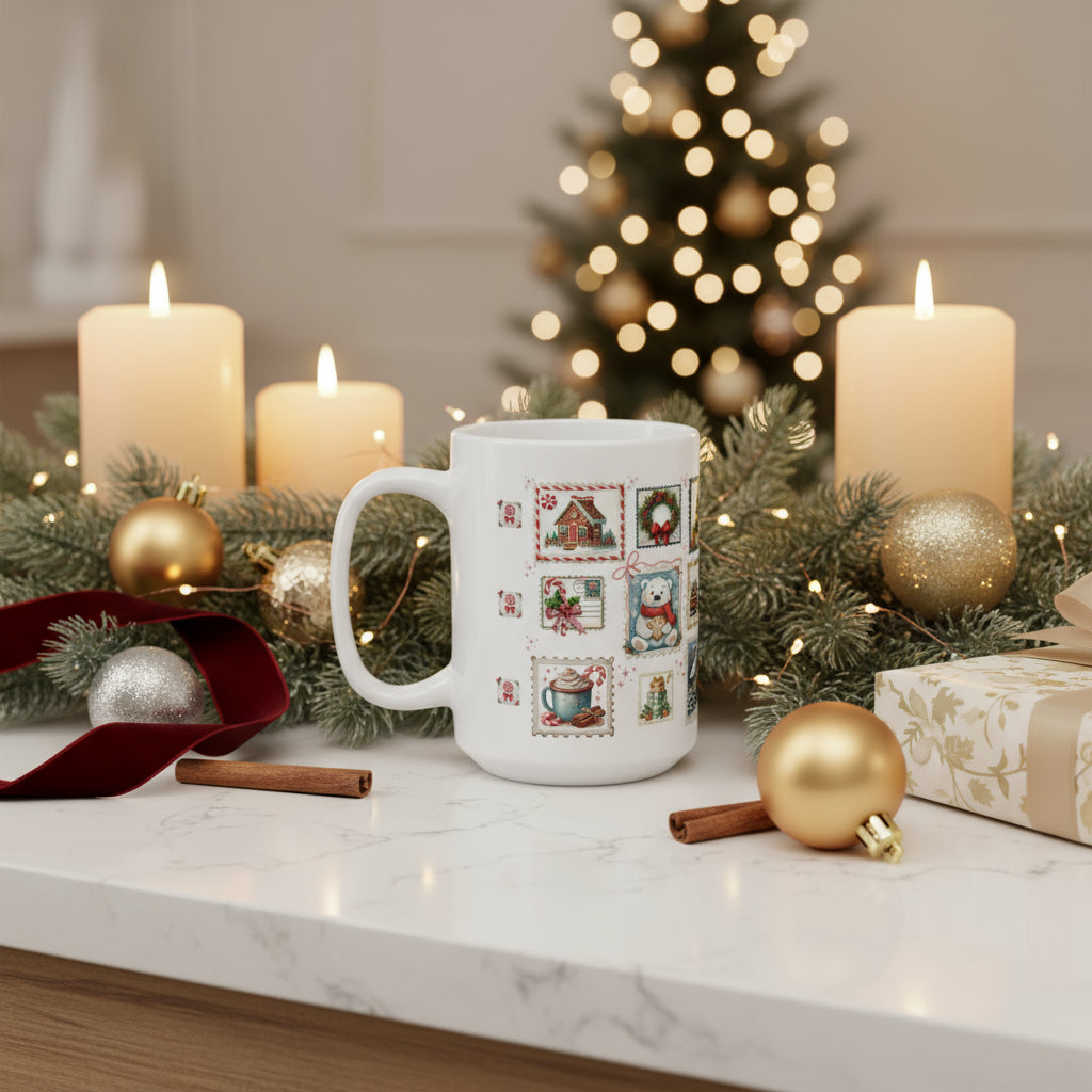 White mug with Christmas-themed design on a white background