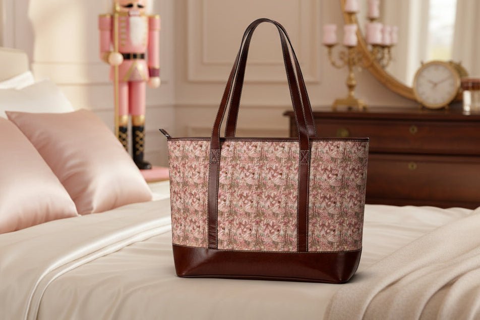 Floral-patterned tote bag with brown accents on a white background