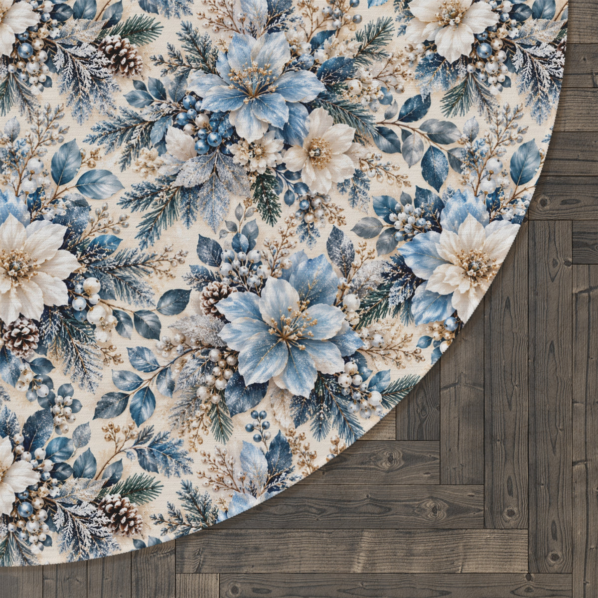 Icy Blue Vintage Floral Round Area Rug