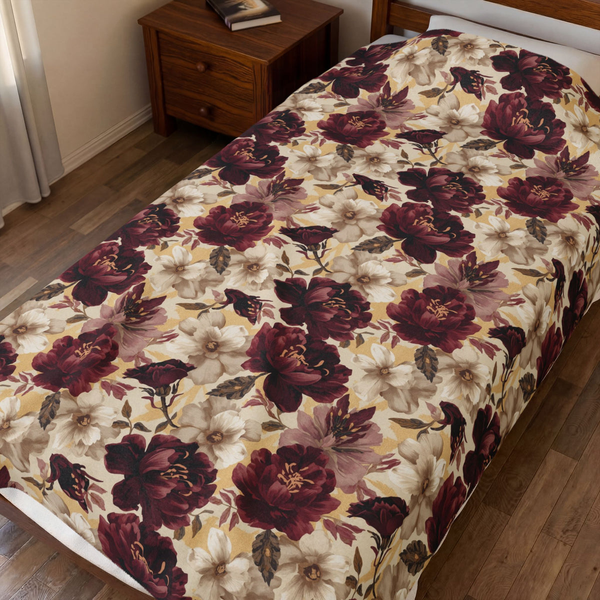 Vintage Burgundy Rose Velveteen Plush Blanket